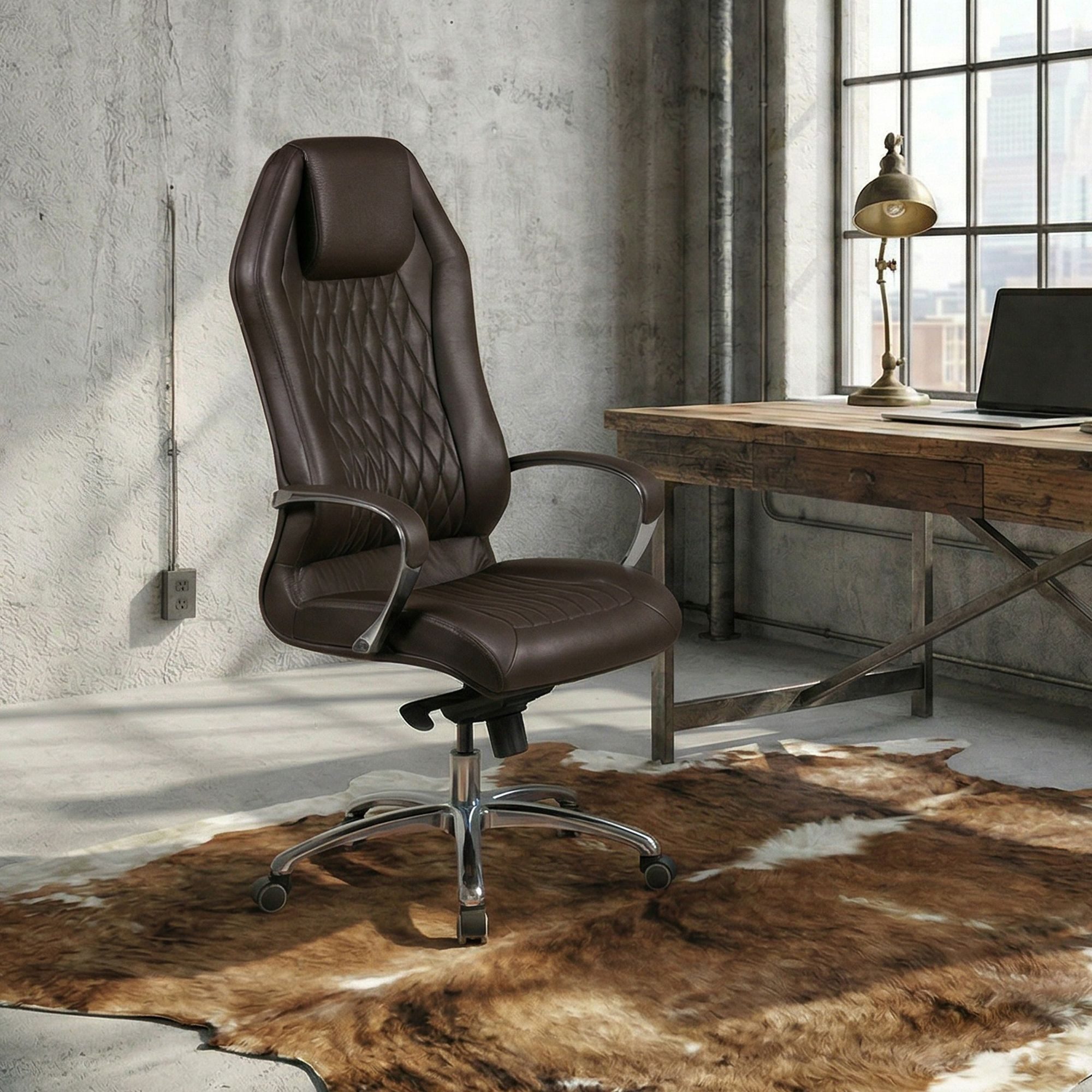 FINEBUY Chefsessel Bürostuhl MONTEREY Echtleder Schreibtischstuhl Drehstuhl (Bürostuhl MONTEREY Echtleder Braun 120KG), Schreibtischstuhl mit hoher Rückenlehne mit Kopfstütze