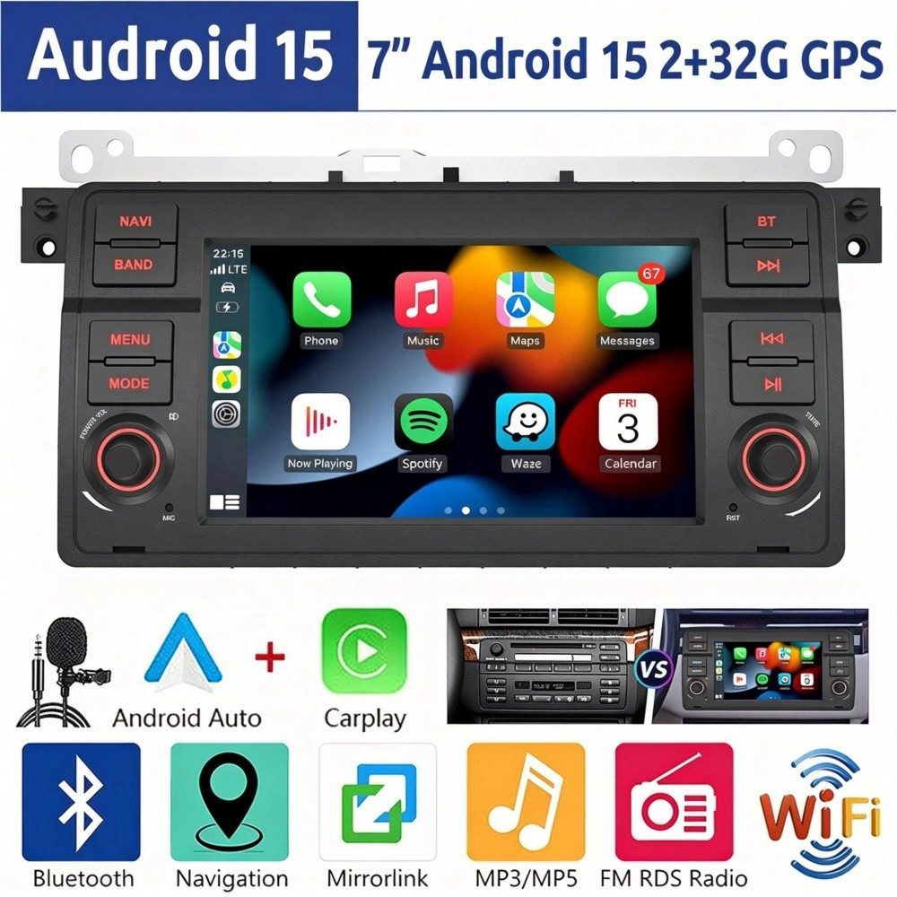 ESSGOO 7" Android 15 Für BMW E46 3er 318 320 325 M3 Rover 75 MGZT GPS Navi Autoradio (RDS, 2+64GB(optional), FM, DAB+ (optional), Wireless Carplay Android Auto Bluetooth EQ USB WIFI Touchscreen SWC)