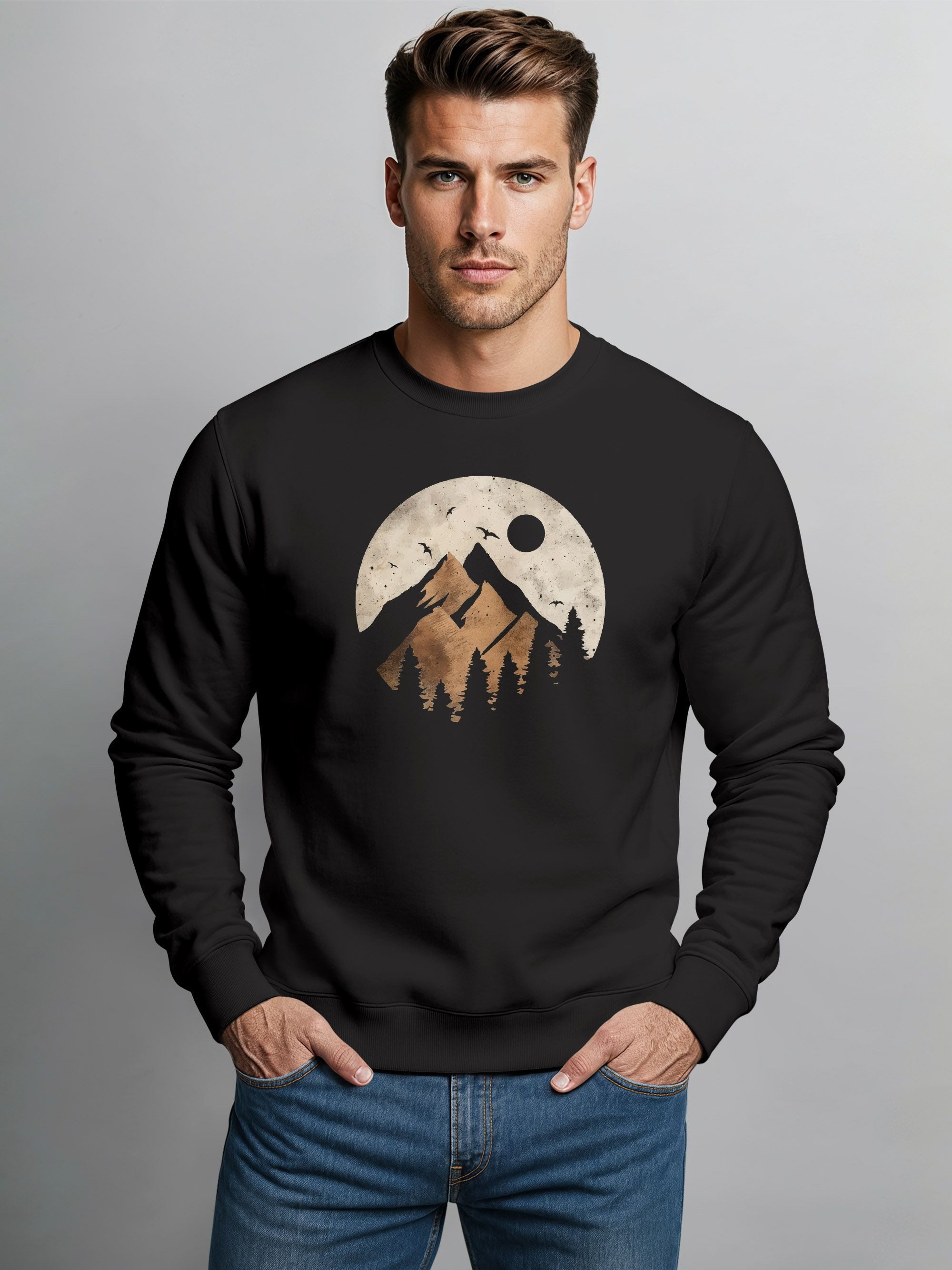 Neverless Sweatshirt Sweatshirt Herren ohne Kapuze Frontprint mit Berg und günstig online kaufen