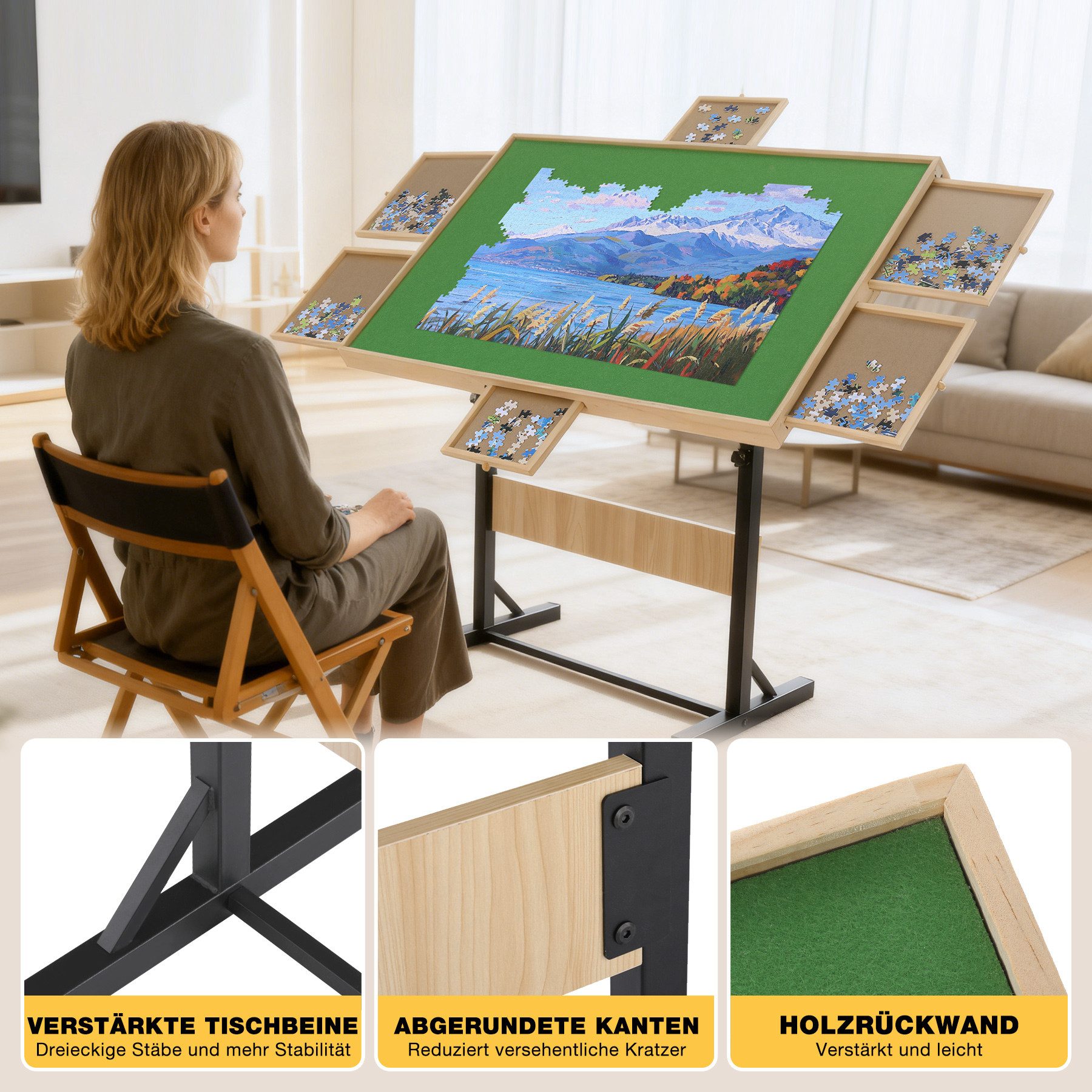 Insma Puzzleunterlage Puzzletisch Puzzlebrett für 1500-Teile Puzzle, (Puzzleboard mit 6 Schubladen und Abdeckung), höhen- & winkelverstellbar, klappbar 85 × 62 × 88,1 cm