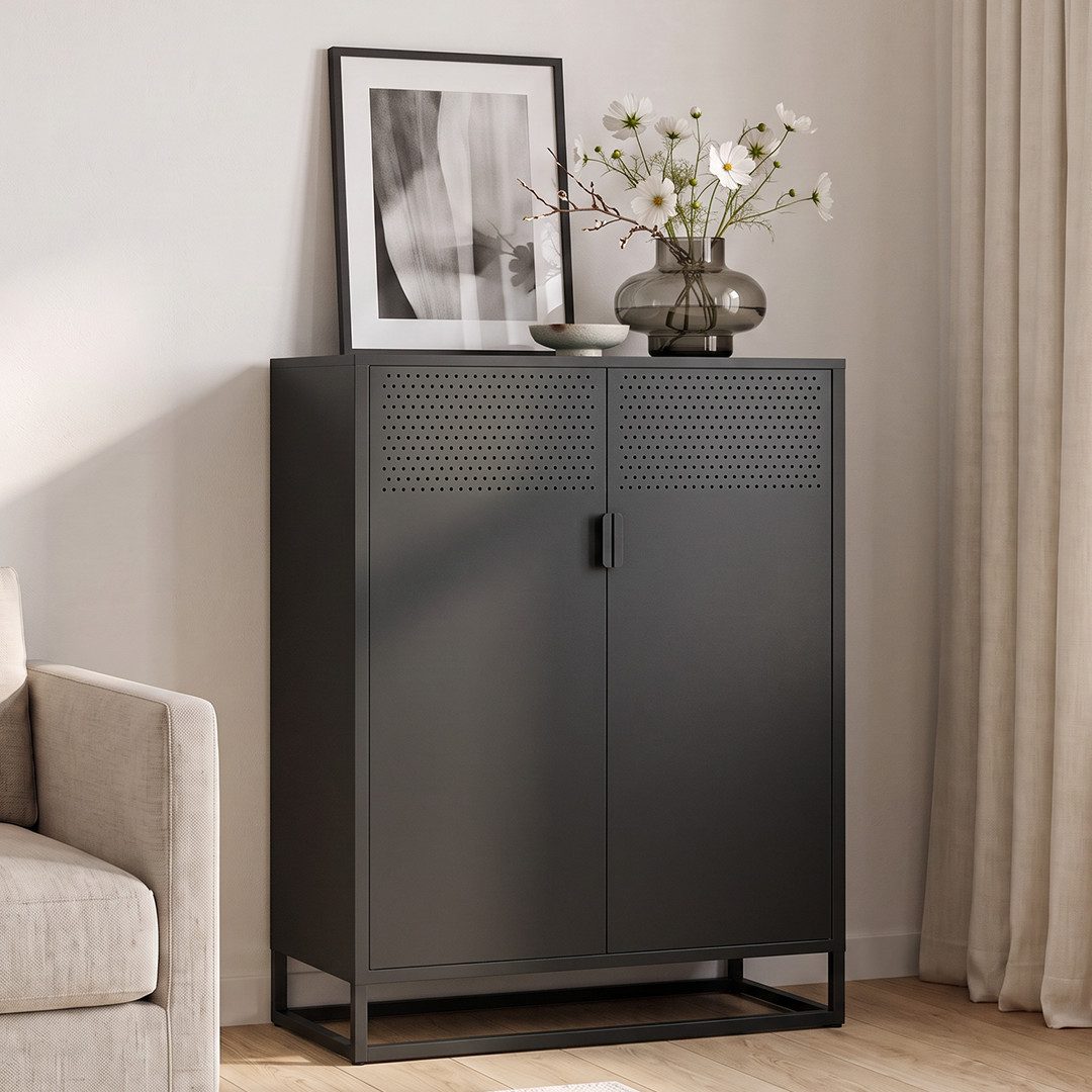 skølm Kommode Izar aus Metall (Schwarz), Highboard mit Doppeltür & höhenverstellbare Einlegeböden