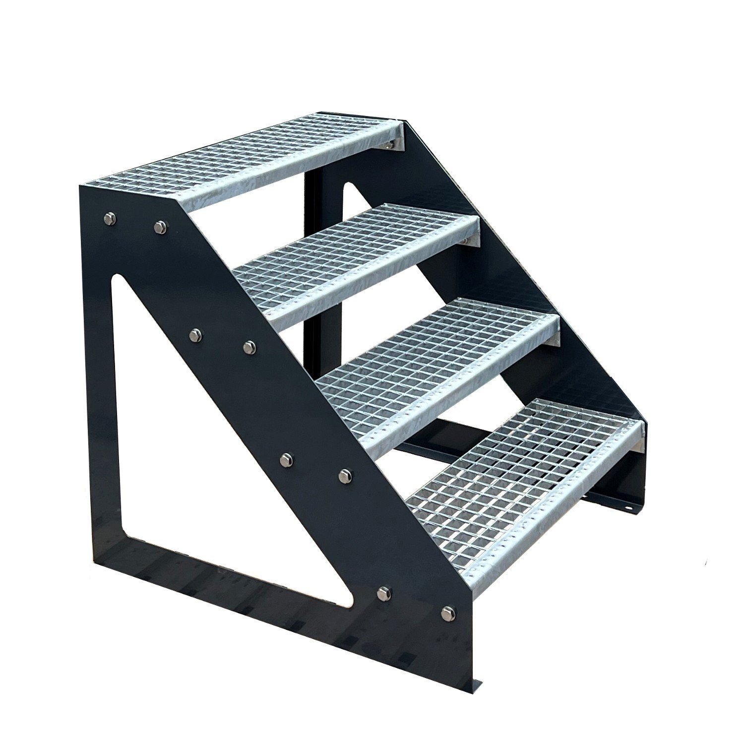 Kaminbau Mierzwa Außentreppe Premium Treppe Anthrazit mit oder ohne Geländer, für Geschosshöhen bis 76.00 cm, Stufen Gitterroststufen nach DIN 24531, (Höhe 76 cm, Stufenbreite und Geländerart wählbar), Gartentreppe Stahltreppe Wetterfest Rostfrei Feuer-Verzinkt Rutschfest
