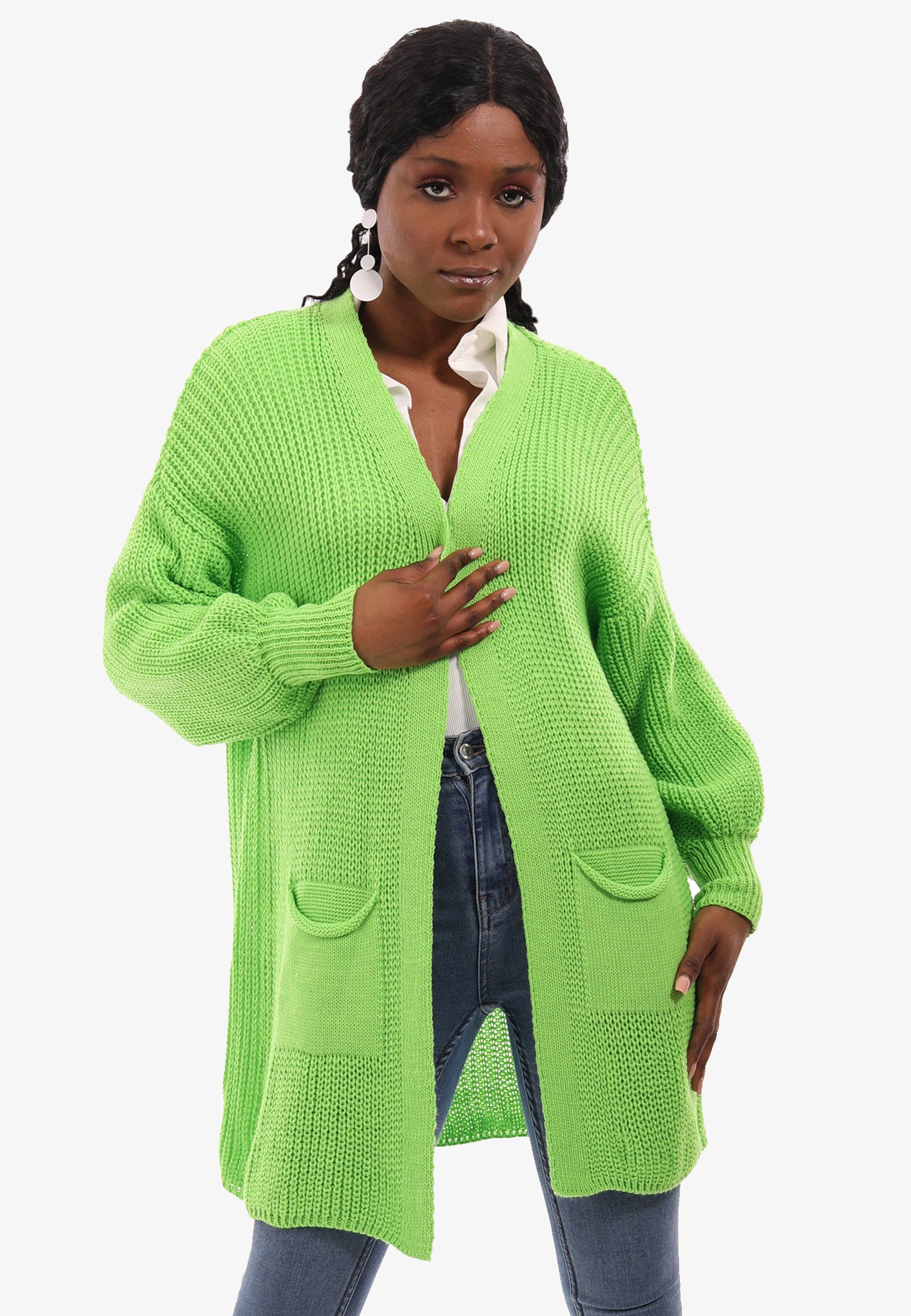 YC Fashion & Style Cardigan Taschen Unifarbe, in Taschen Strick-Cardigan mit Size One limegreen aufgesetzten mit