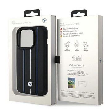 BMW Handyhülle Case iPhone 15 Pro Echtleder Streifen schwarz Logo Metall 6,1 Zoll, Kantenschutz