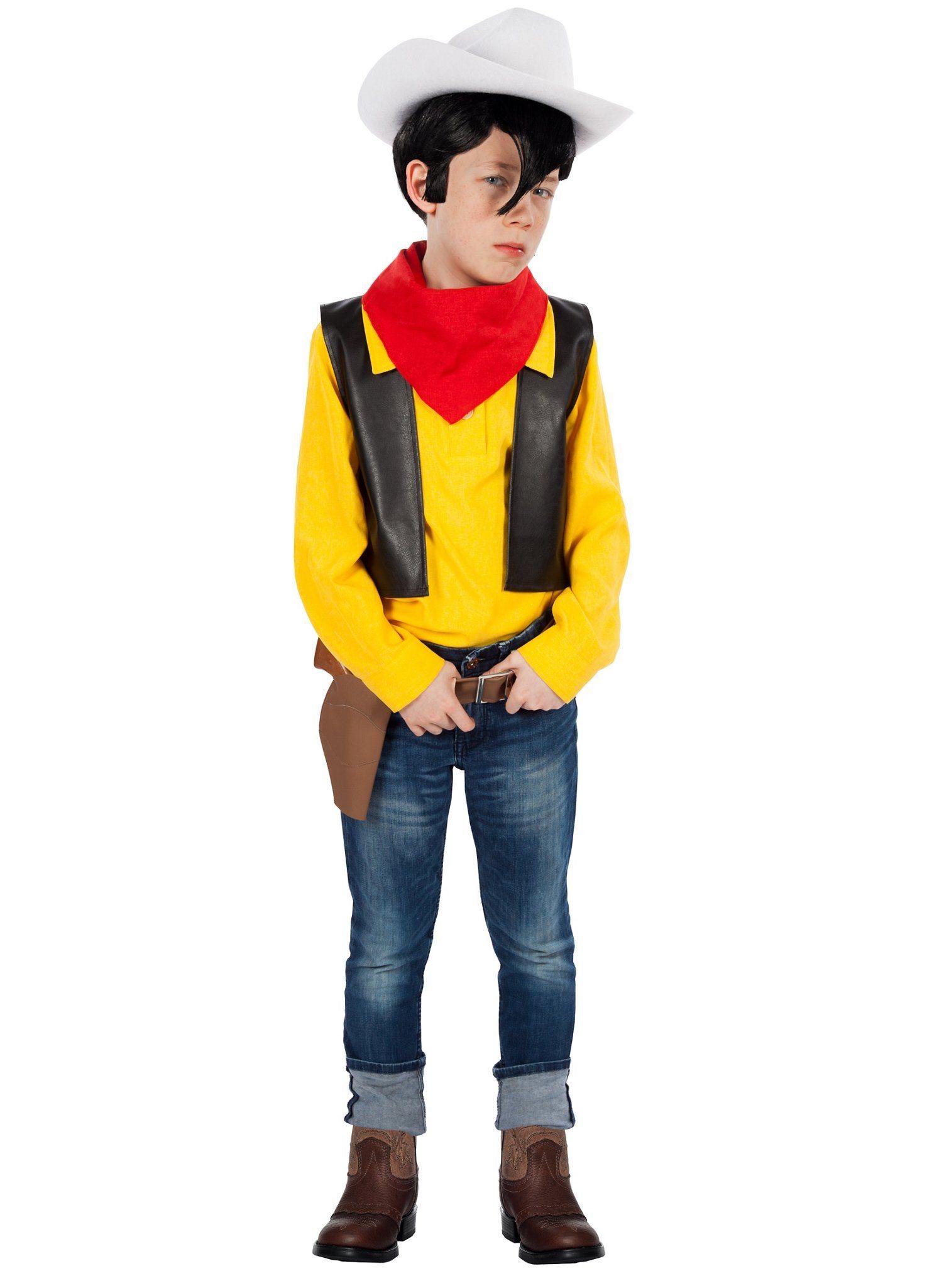 Maskworld Kostüm Lucky Luke Karneval Cowboy Faschingskostüm Kinder, Hochwertiges Lizenzkostüm des Westernhelden aus den gleichnamigen Com