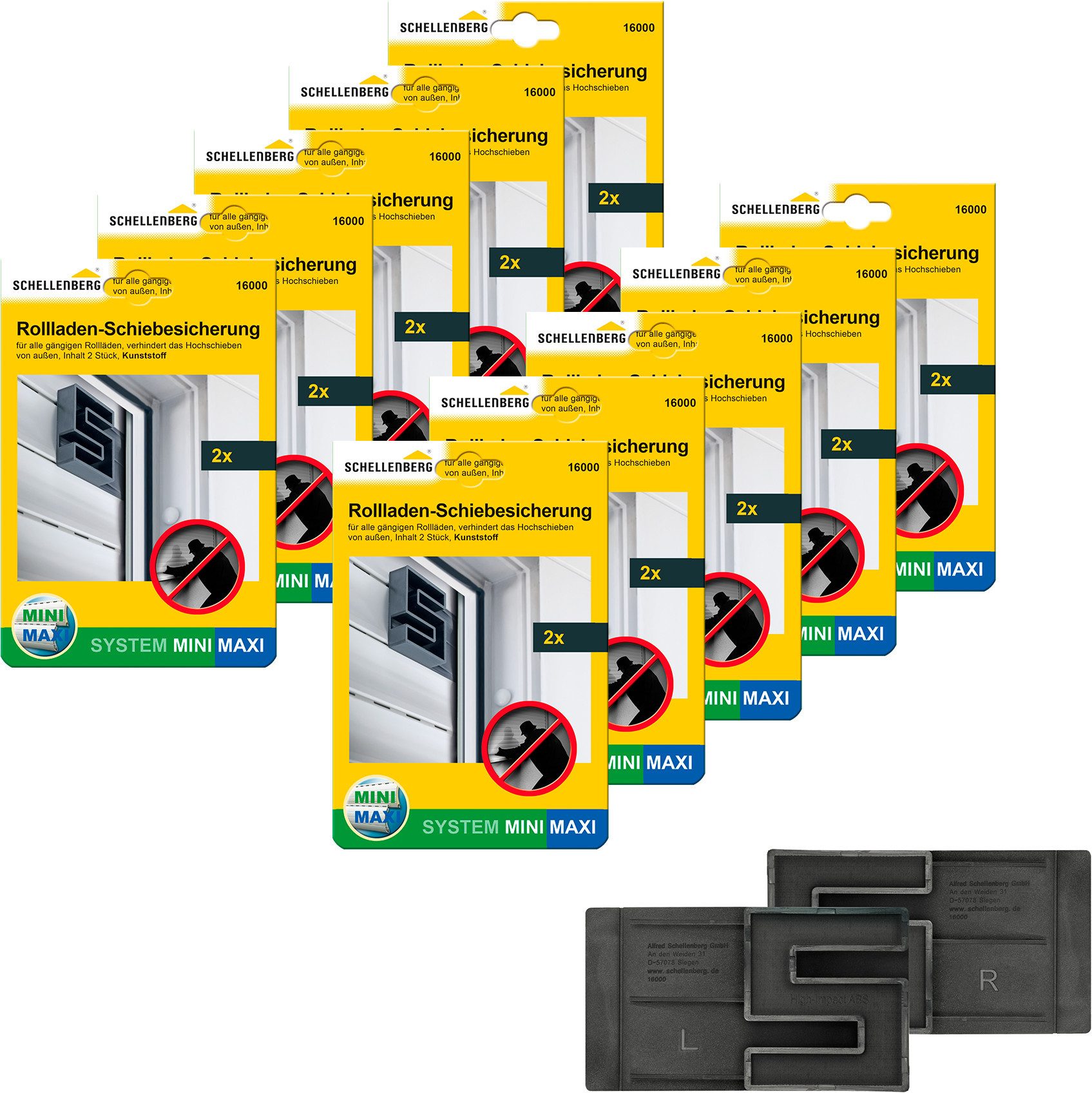 SCHELLENBERG Rollladensicherung gegen Hochschieben des Rollladens, System Mini und Maxi (Set, 20-tlg), Rollladen-Schiebesicherung, einbruchshemmend
