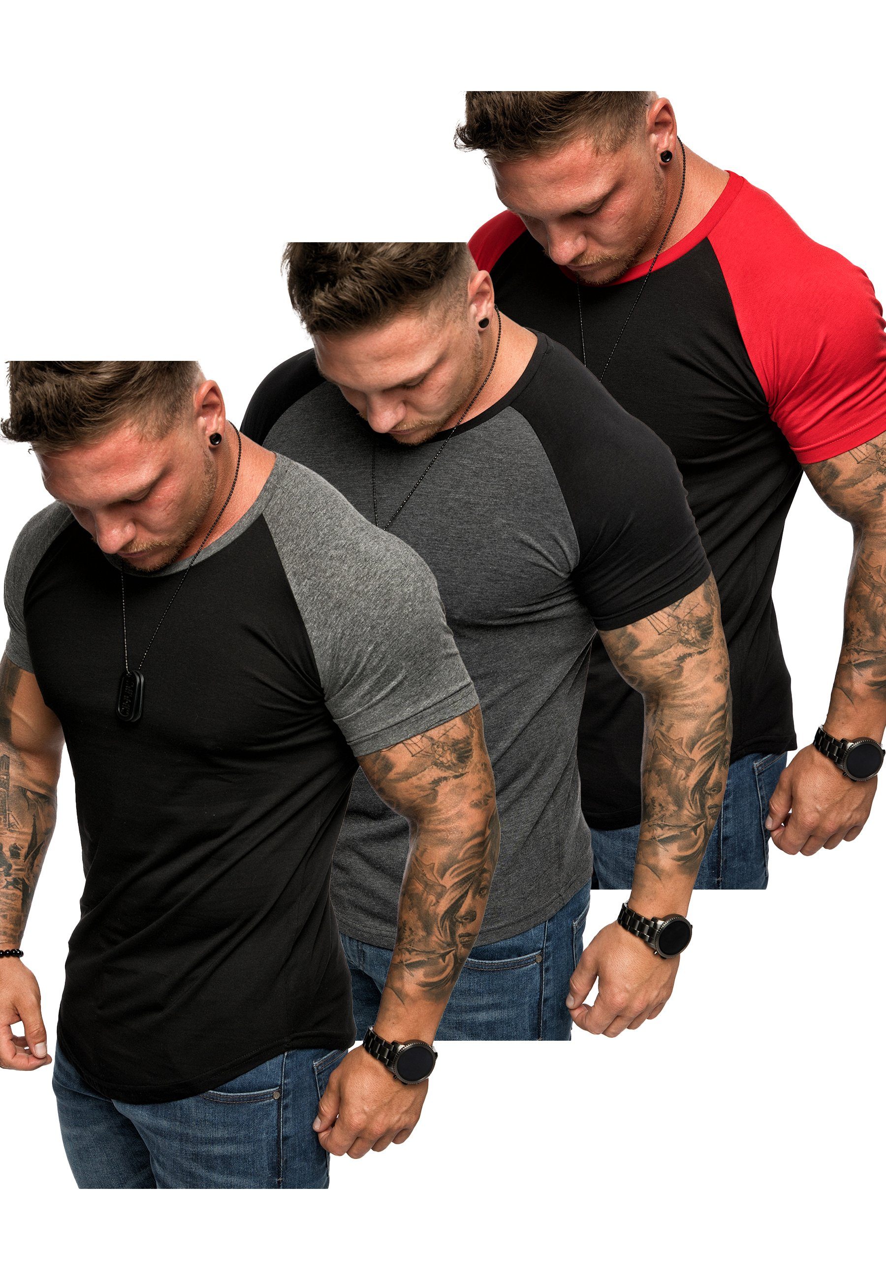 Amaci&Sons T-Shirt 3. OMAHA 3er-Pack T-Shirts (3er-Pack) Herren Basic Oversize Kontrast Raglan T-Shirt (Schwarz/Rot + Anthrazit/Schwarz + Schwarz/Anthrazit)