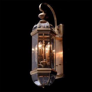 Licht-Erlebnisse Außen-Wandleuchte LORD, ohne Leuchtmittel, Außenwandleuchte IP44 E14 Glas Echt-Messing Vintage Wandlampe außen