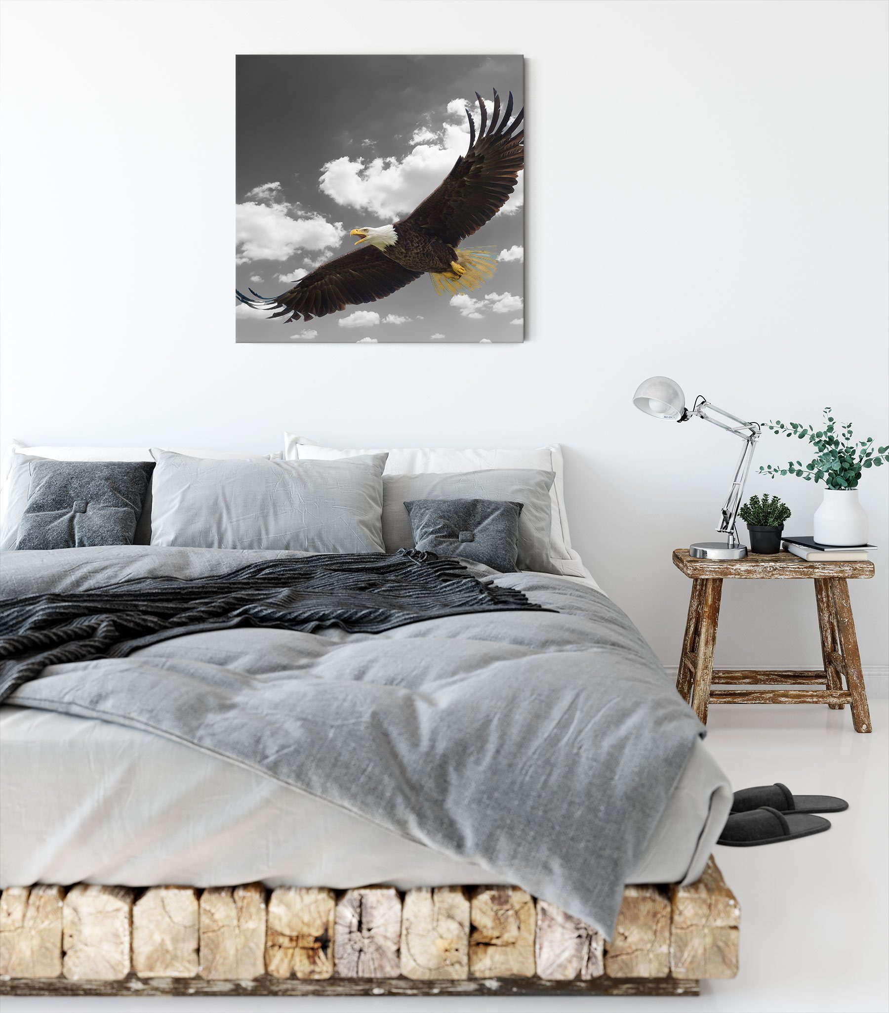 Pixxprint Leinwandbild Weißkopfseeadler beim Leinwandbild bespannt, (1 inkl. St), Zackenaufhänger fliegen, beim fliegen fertig Weißkopfseeadler