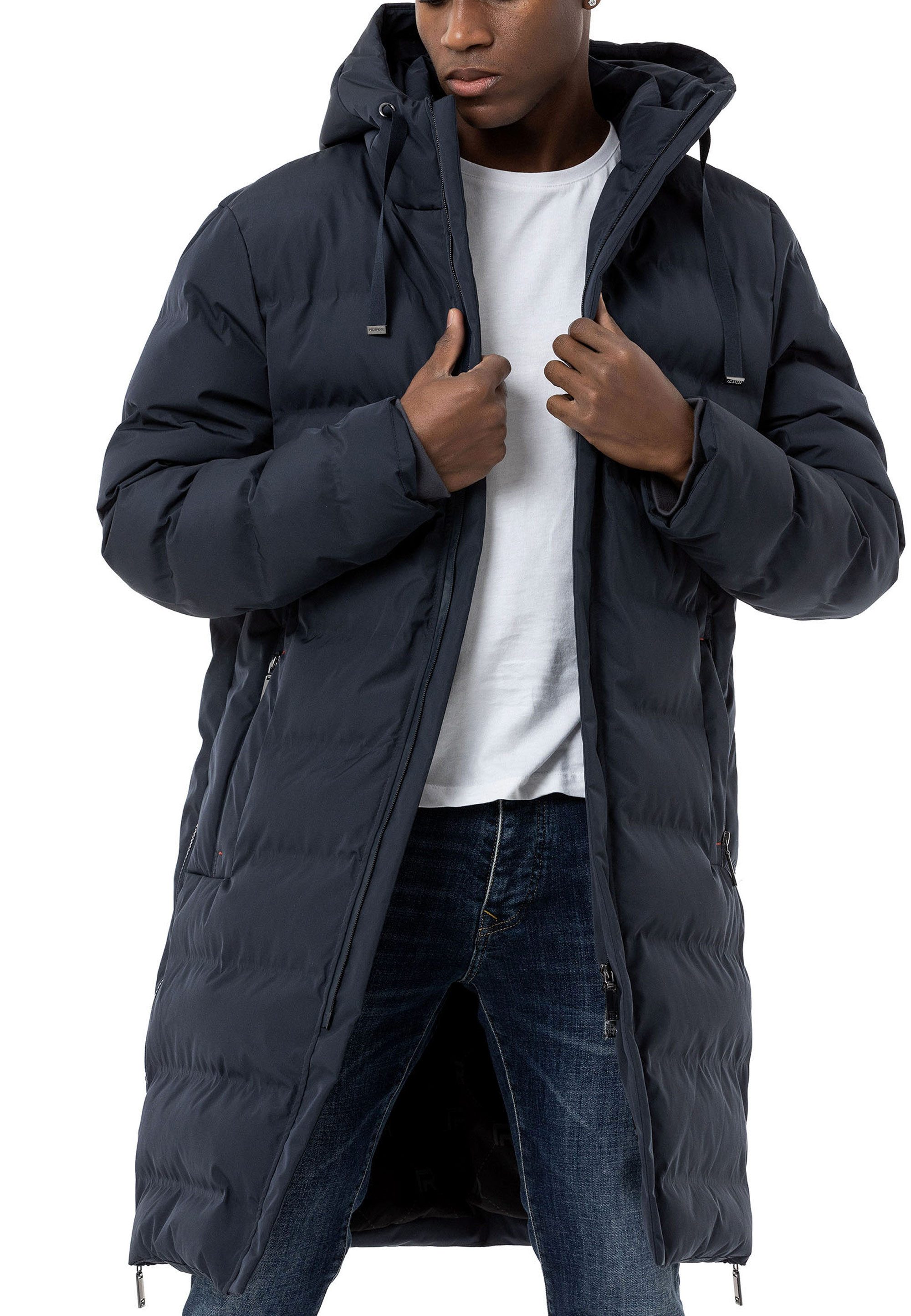 RedBridge Steppmantel mit Kapuze Lange Winterjacke Warm Leicht Casual Verdeckter Reißverschluss mit Druckknopfleiste