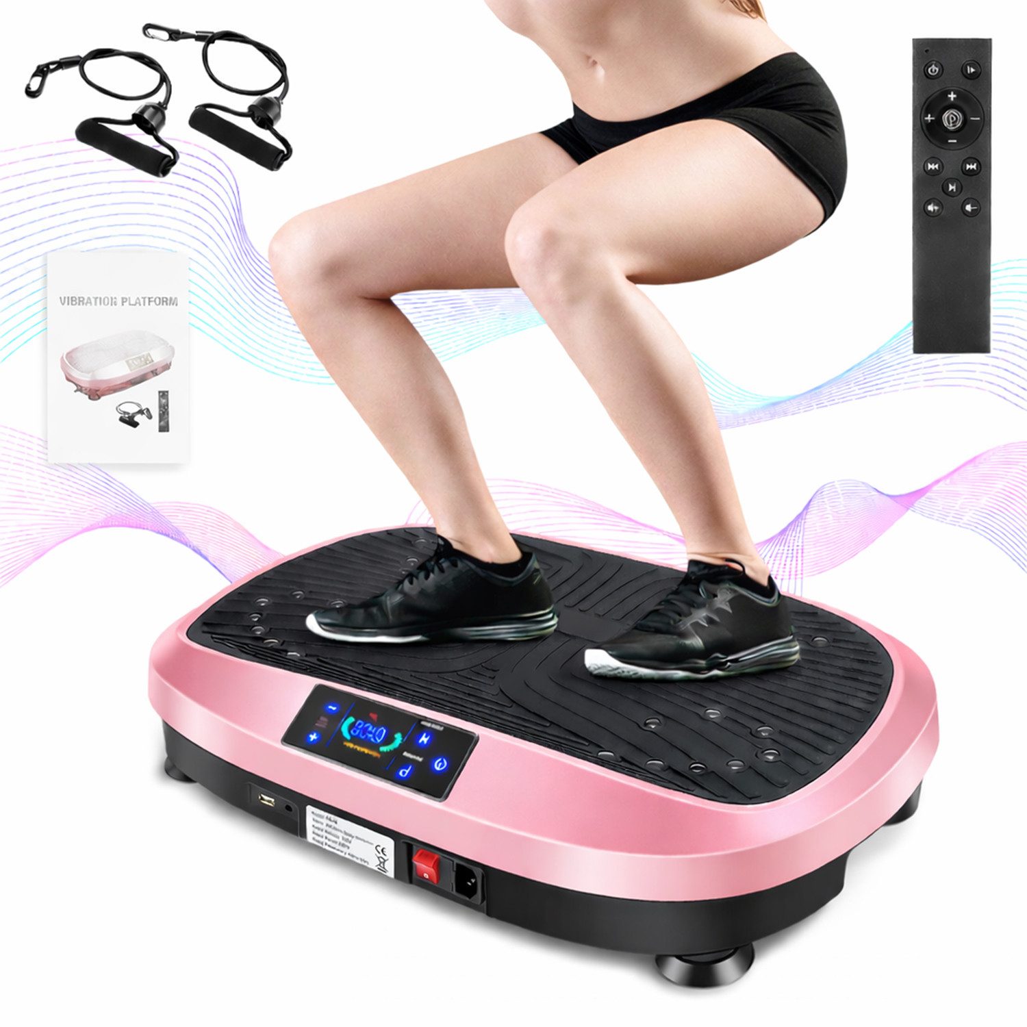 LETGOSPT Vibrationsplatte Ganzkörper, 3D Fitnessgeräte mit 2 Bändern & Fernbedienung, 200 W, 120 Intensitätsstufen, (Set, mit Trainingsbandern), Schwingung Modus, 6 voreingestellte Modi