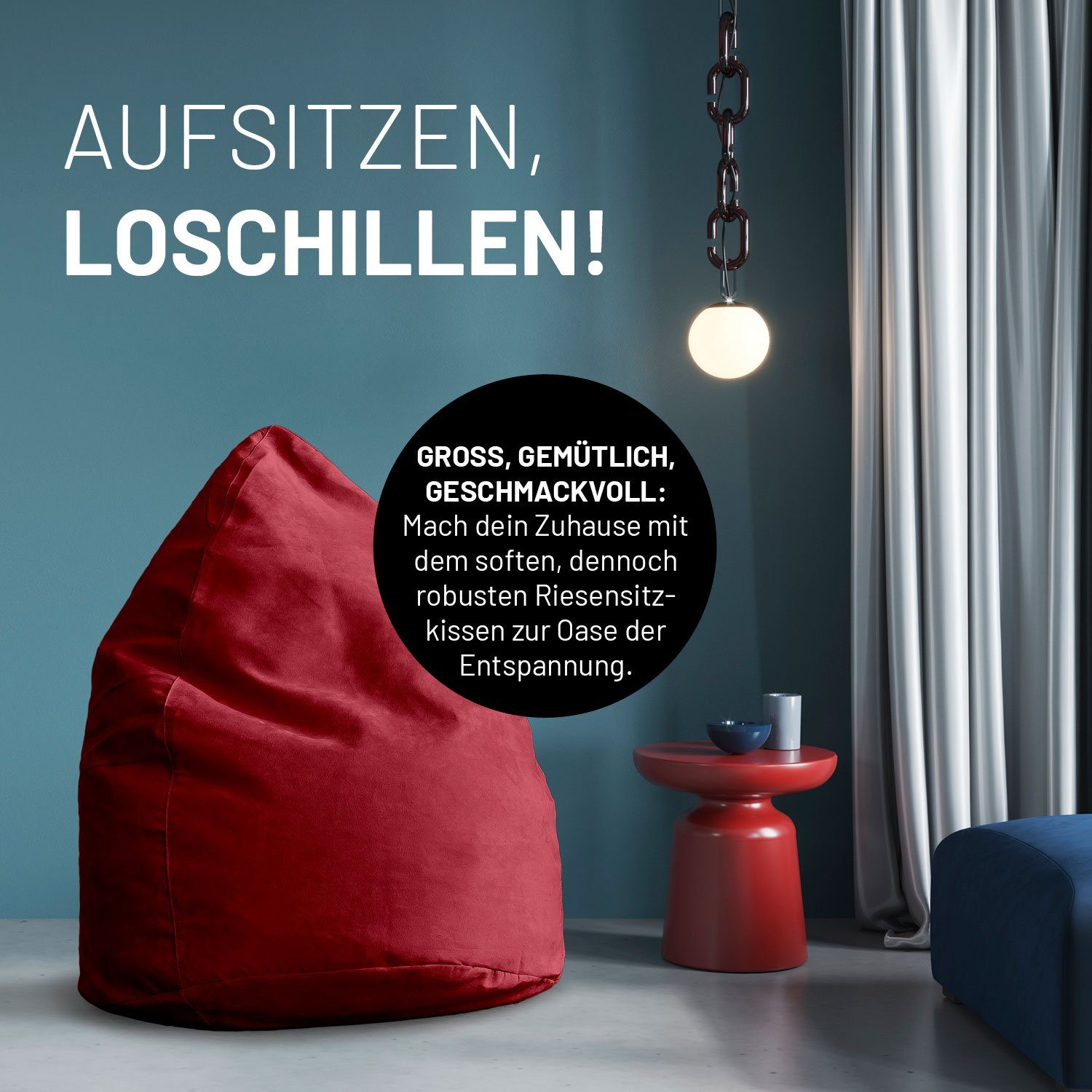 Lumaland Sitzsack Luxury XL PLUS rot waschbar weich Bag, Sitzkissen Bodenkissen Microvelours robust 220L 85x65cm Bean