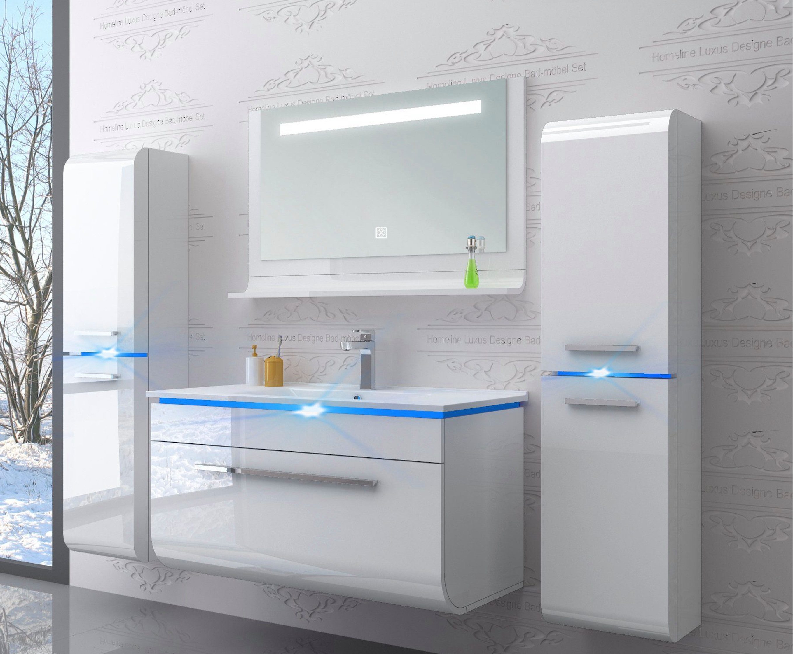 Homeline Badmöbel-Set Luxus Badmöbel Set montiert Weiß Hochglanz Lackiert 90 cm 5 tlg Led, (Spar-Set, Badmöbel Set)