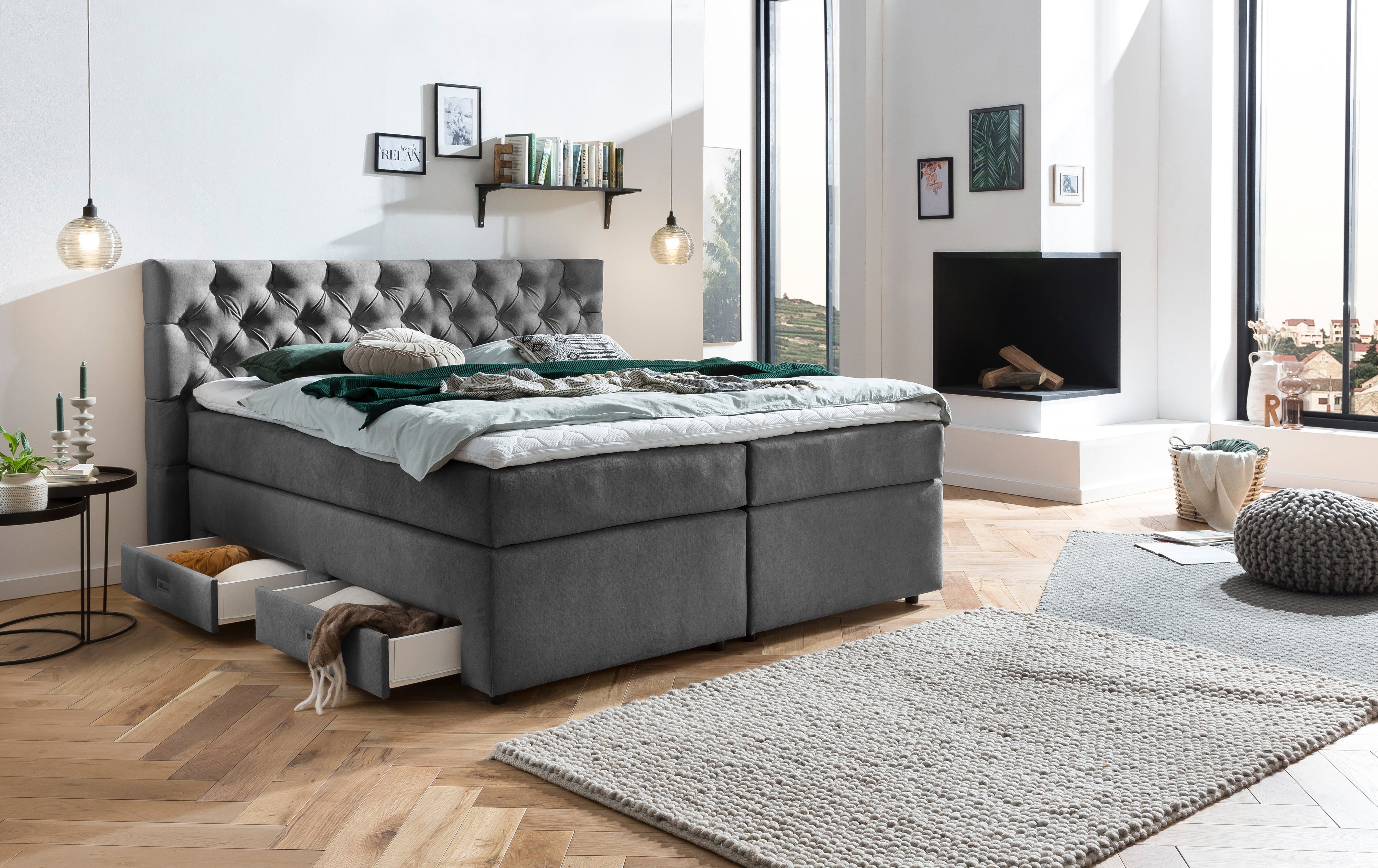 inklusive Belanoti Matratze H2/H3 in Boxspringbett Schubladen 7-Zonen Visco Lara vier der Dunkelgrau Farbe (Boxspringbett Bett mit Taschenfederkern Polsterbett 160x200 Topper), mit Stauraum, Bettkasten 160x200