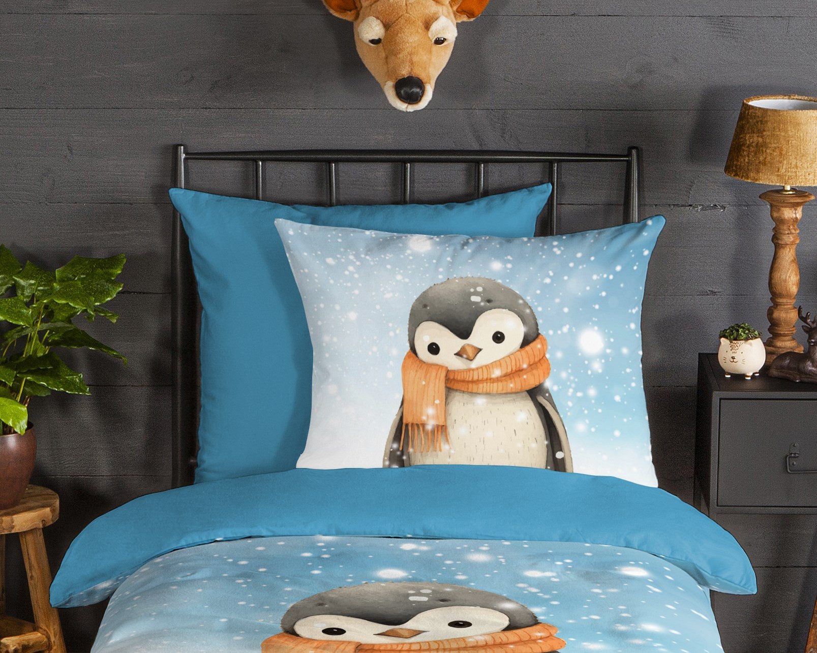 good morning Kinderbettwäsche Pingi, Biber, Flanell, 2 teilig, Flanell, Biber, 135x200, Winter, Warm, Wende, Kind, Pinguin, Schnee