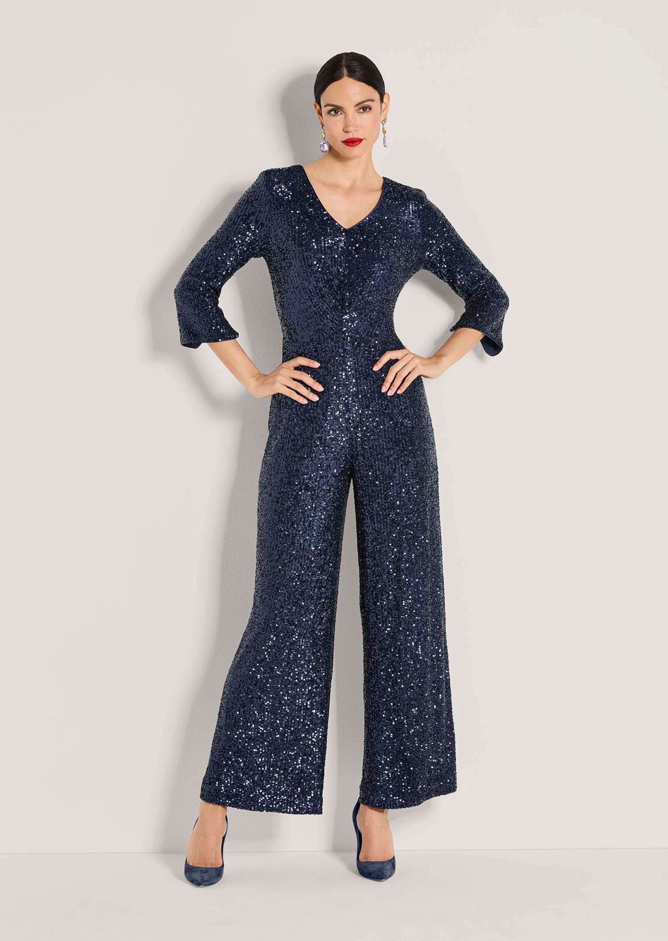 MADELEINE Jumpsuit Eleganter Pailletten-Einteiler Glanzoverall mit V-Aussch günstig online kaufen