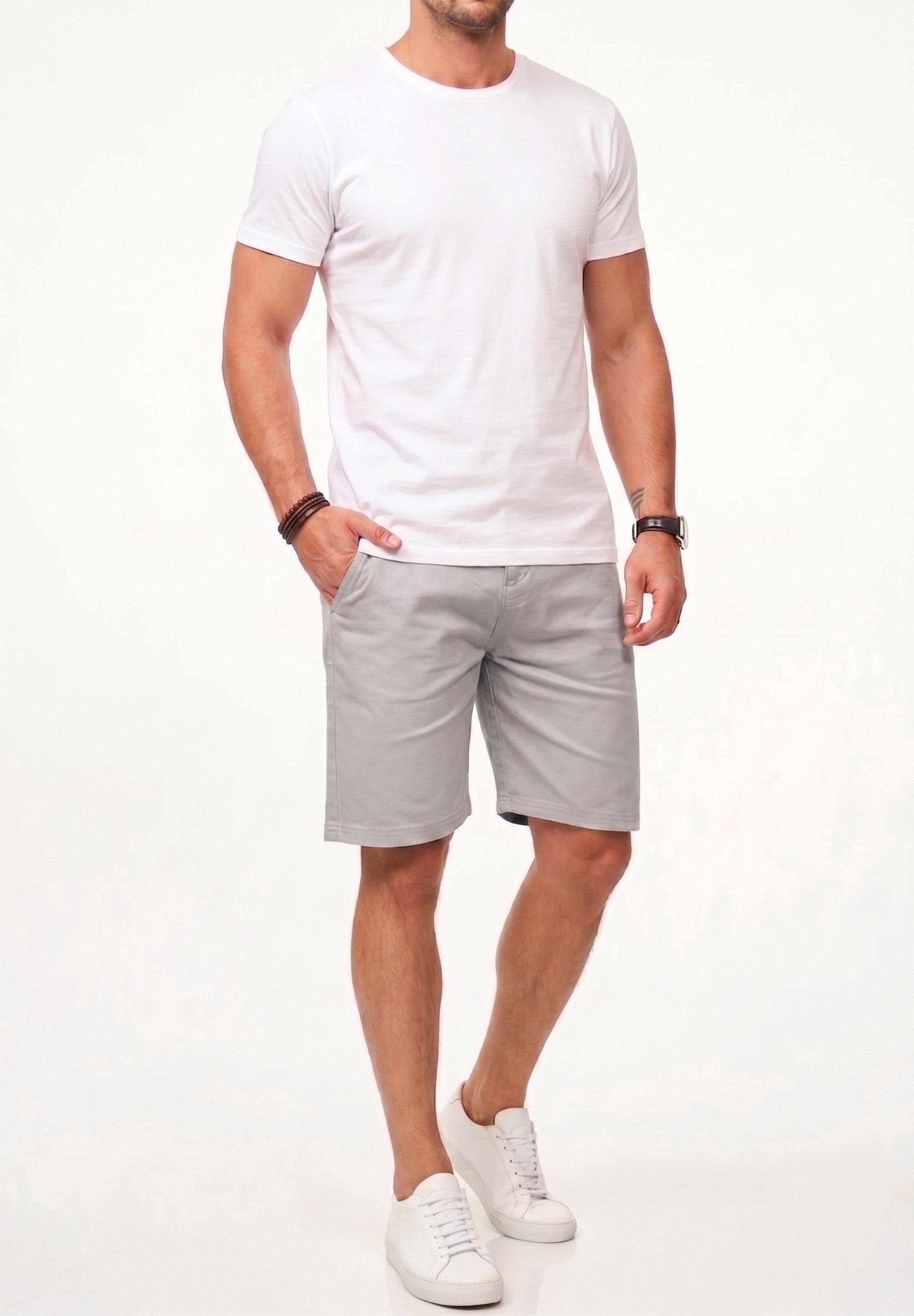 behype Chinoshorts Kurze Hose mit Stretch inkl. Gürtel für Herren Regular-Fit Sommershorts mit Elasthan-Anteil Bermuda