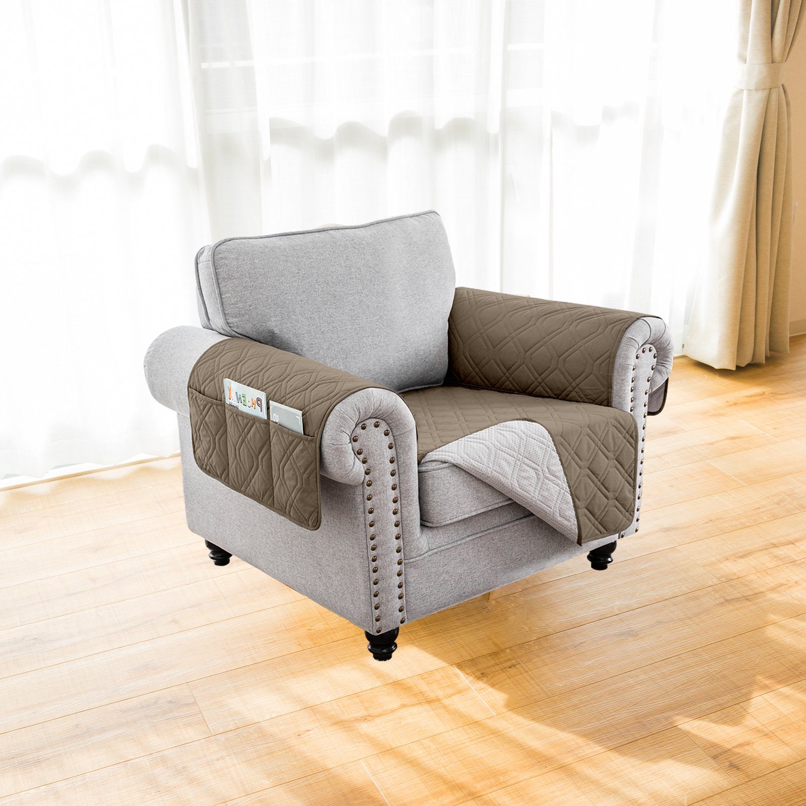 BTTO Sofaschoner Couch Schonbezug 1-,2-,3-Sitzer,Gesteppt Sofabezug,Armlehnen&Taschen, Sofaschoner Rutschfest&Wasserdicht für Haustiere, Hunde, Kinder