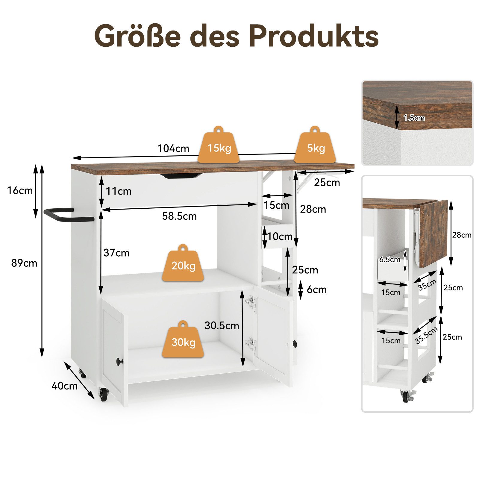 Puluomis Küchenwagen Servierwagen mit erweiterbare Arbeitsplatte, Handtuchhalter, 104x40x89, 360° Rollen mit Bremsen, Mobiler Wagen mit Gewürzregal – Bild 5 von 5