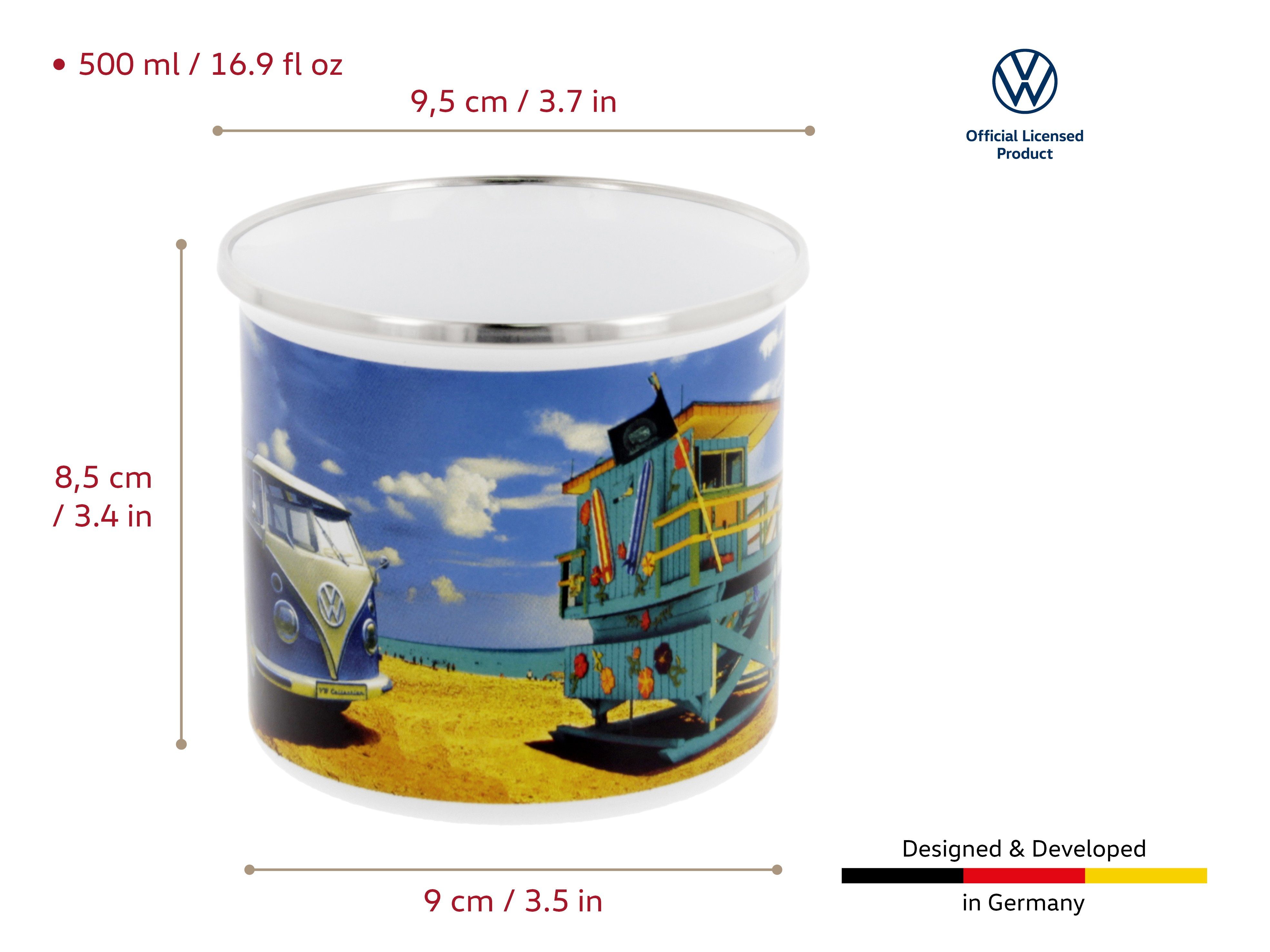 VW Collection by BRISA Tasse Volkswagen Große Emaille Kaffee-Tee-Tasse-Becher-Haferl, 1-tlg., Stahlblech, für Camping & Outdoor T1 Bus in verschiedenen Farben und Designs