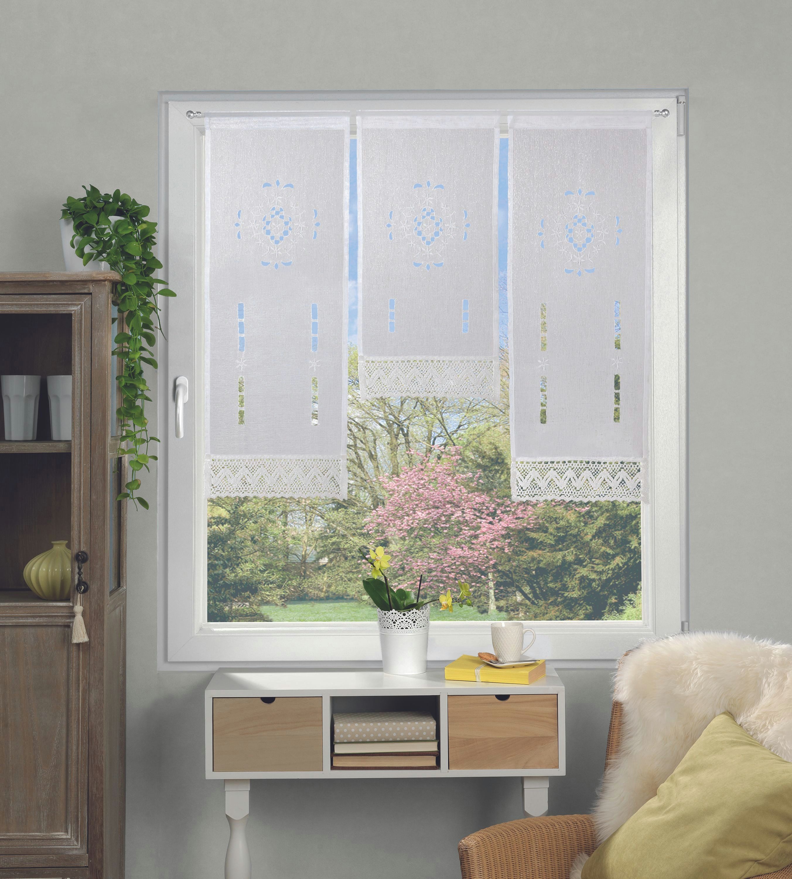HOME WOHNIDEEN Scheibengardine ALEGRA Fensterbehang 3 stk, Leinenstruktur, bestickt, 80x30 cm, Weiß (3 St), halbtransparent, 100% Polyester – Bild 3 von 3