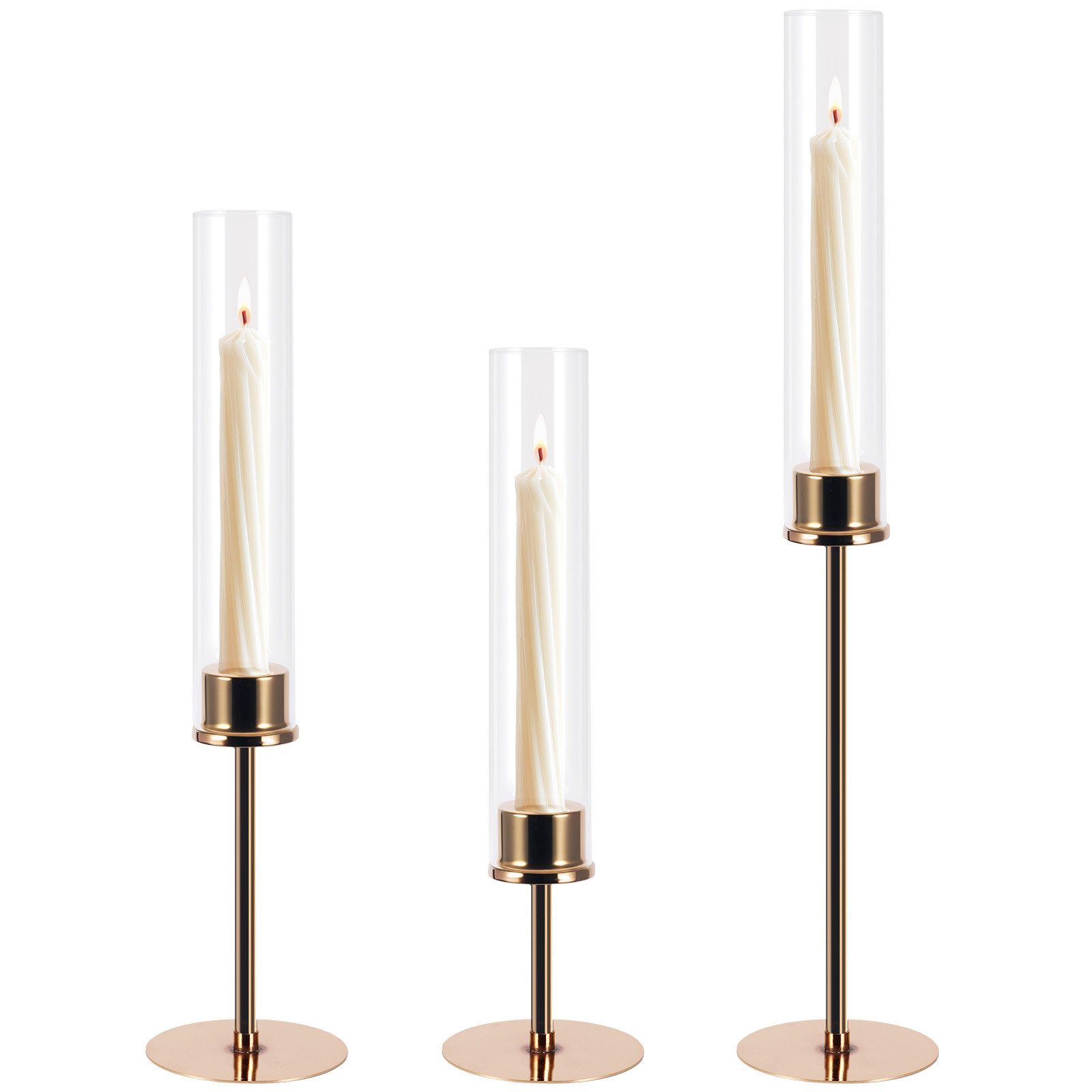 BlingBin Standkerzenhalter 3er Gold Stabkerzenhalter Подсвечник mit Glaszylinder (3er Set, 3 St., 36/41/46 cm), Glas Stabkerzenhalter Hochzeit Tischdeko Hochzeitsdeko