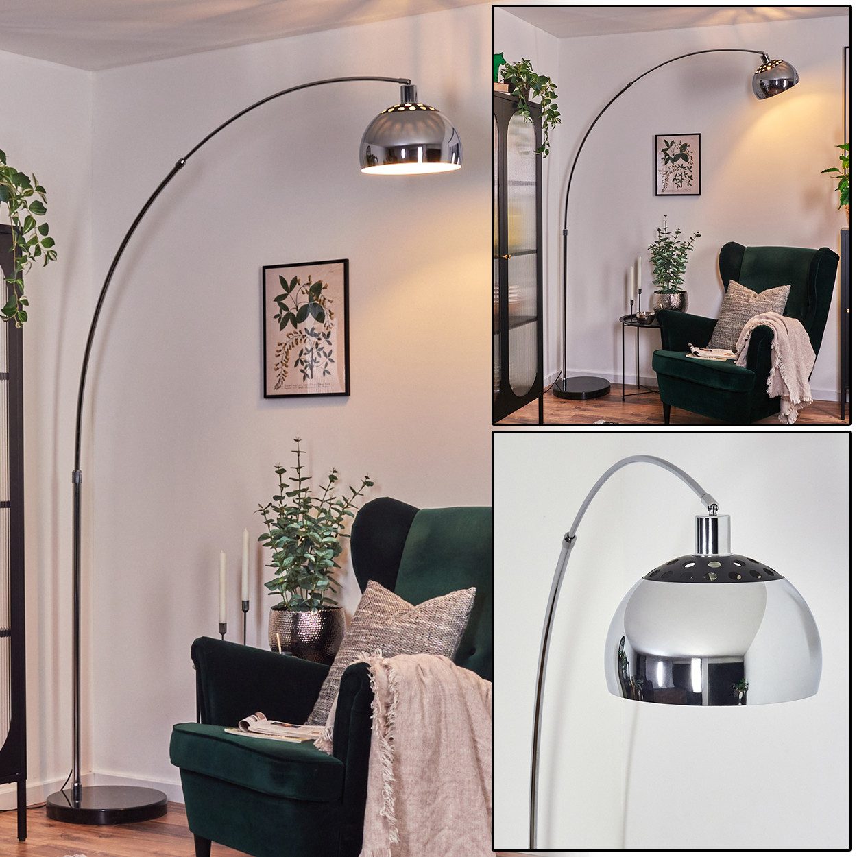 Bogenlampe Stehlampe aus Metall in Schwarz/Chrom/Weiß im Retro/Vintage-Design