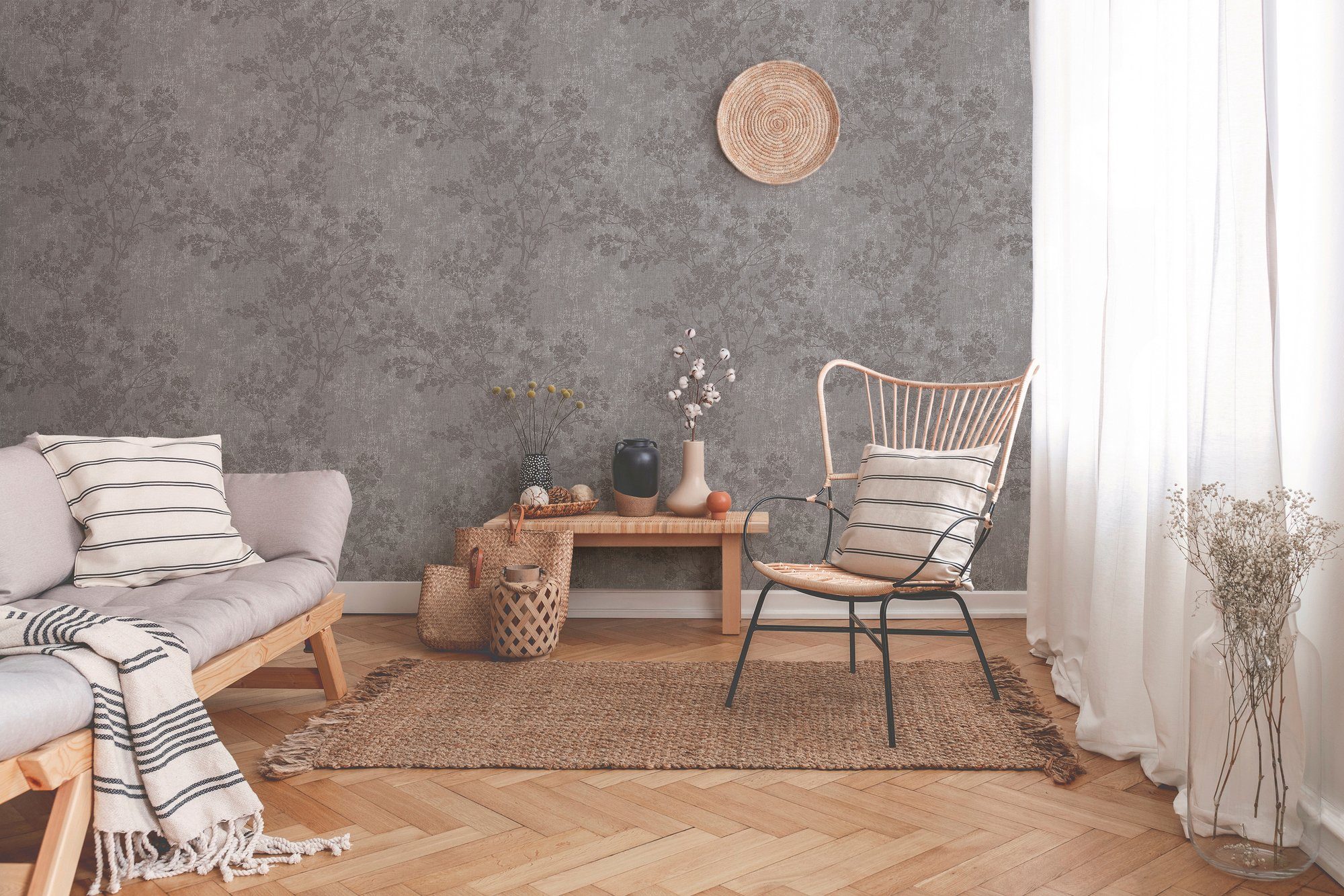 living & in Walls Ast Vliestapete New strukturiert, grau Tapete Relax Florale walls Cosy Wald Optik, floral,