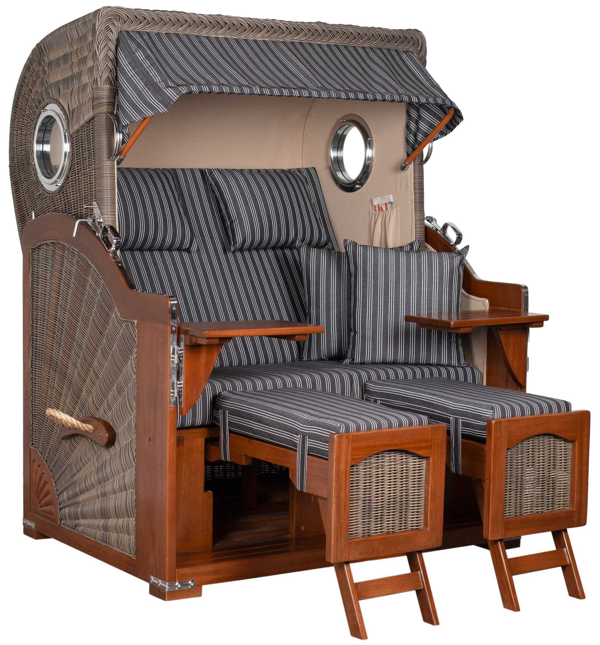 MR.DEKO Strandkorb 2-Sitzer Düne Bullauge Vollholz PE-Geflecht grau 125x170x80, BxTxH: 125x80x170 cm, 2-Sitzer Strandkorb, Ostsee-Strandkorb, (Fertig montierter Strandkorb für Garten, Terrasse & Balkon), Wetterfester Volllieger mit Edelstahlbeschlägen & waschbaren Polstern