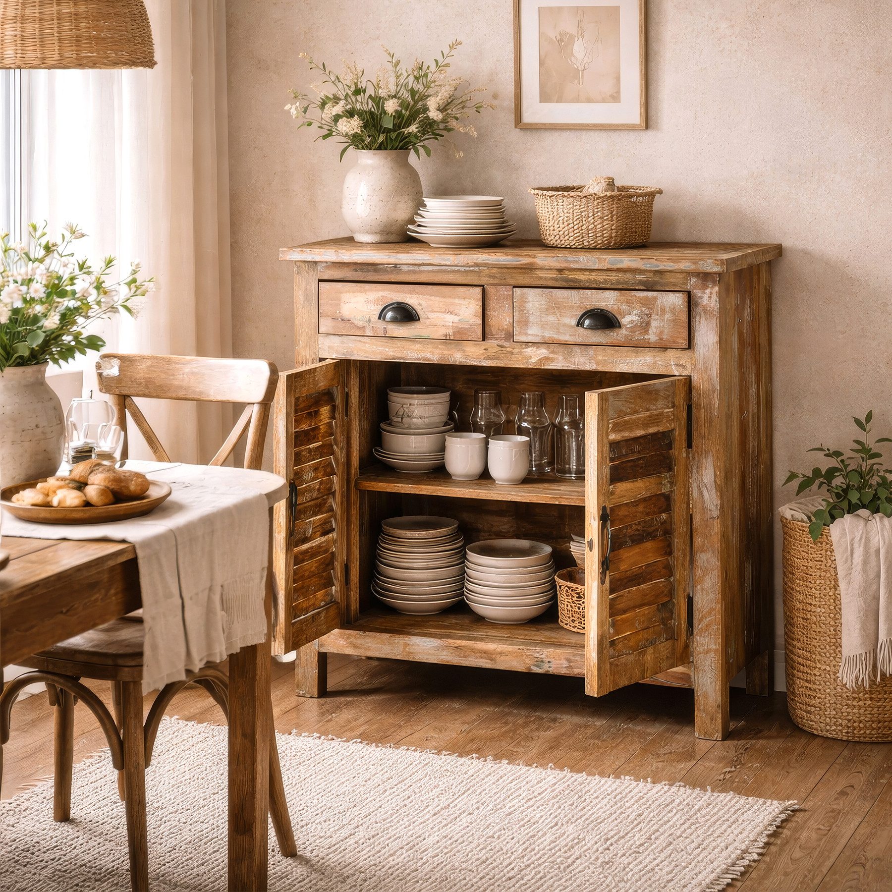 Casa Moro Highboard Hochkommode Massivholz Sideboard 82x42x90 cm Altholz Vintage, massiver Aufbau, Stabil 33 kg Gewicht, mit Türen, mit Schubladen