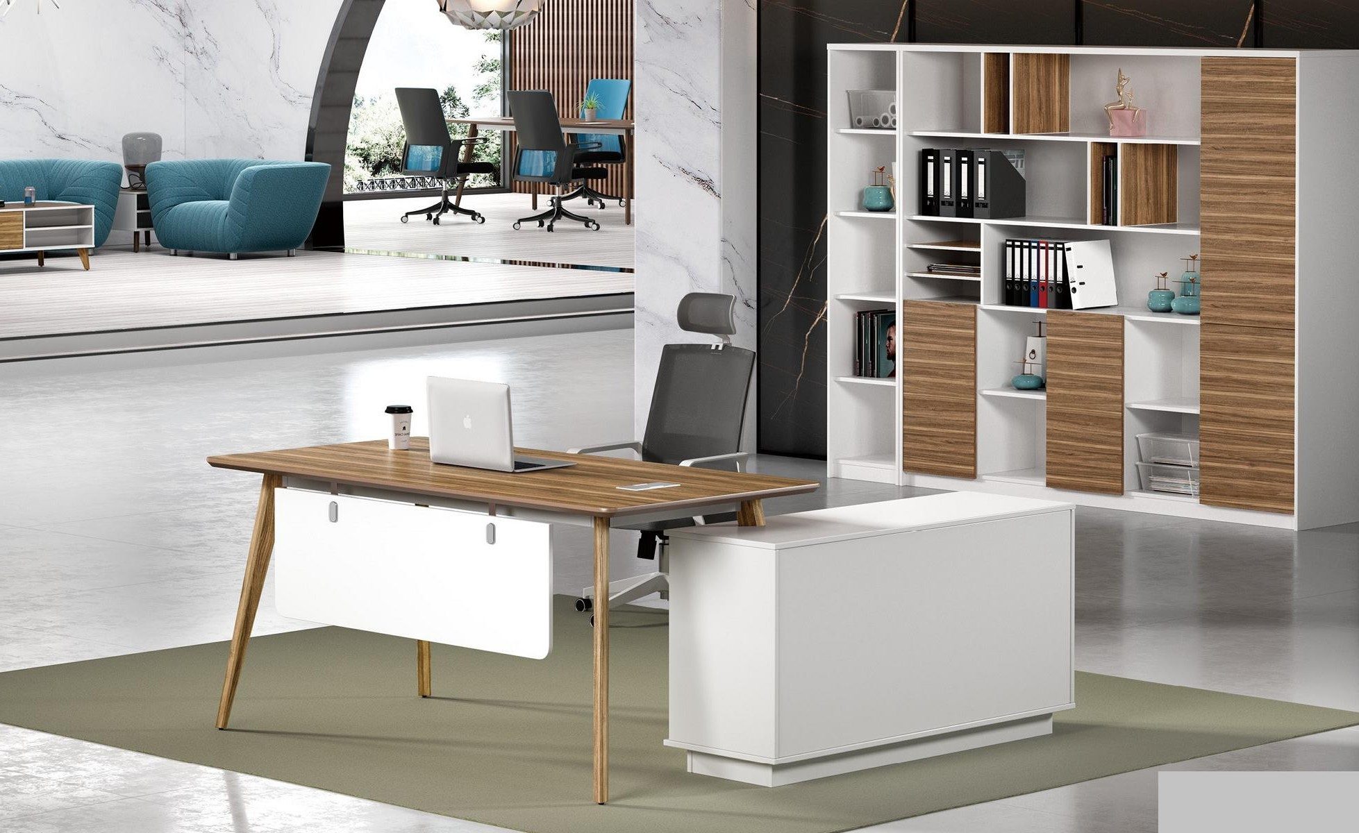 Xlmoebel Büromöbel-Set XLMOEBEL L-förmiger Eckschreibtisch mit Aktenschrank, beige Holz, Made in Europa