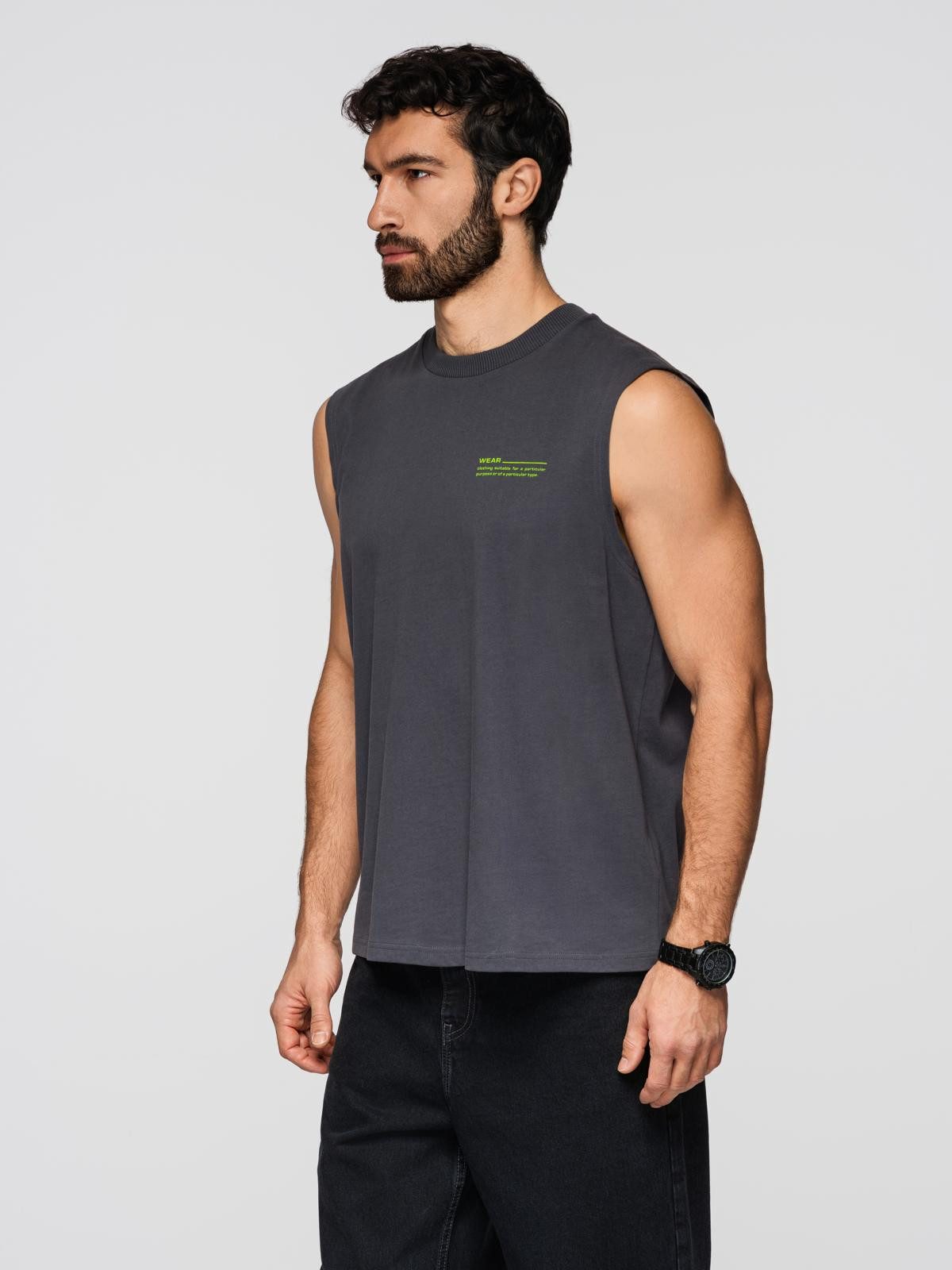 OMBRE Tanktop Herren Tank Top Loose Fit Baumwolle Uni Dunkelgrau M (kein Set, 1-tlg) Kontrastierende Details