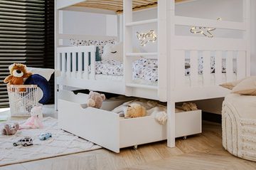 Kids Collective Hochbett 80x180, 90x200 cm mit 2 Schubladen Etagenbett mit Rausfallschutz Lattenrost, umbaubar in zwei Kinderbetten, Vollholz, weiß, 180x80