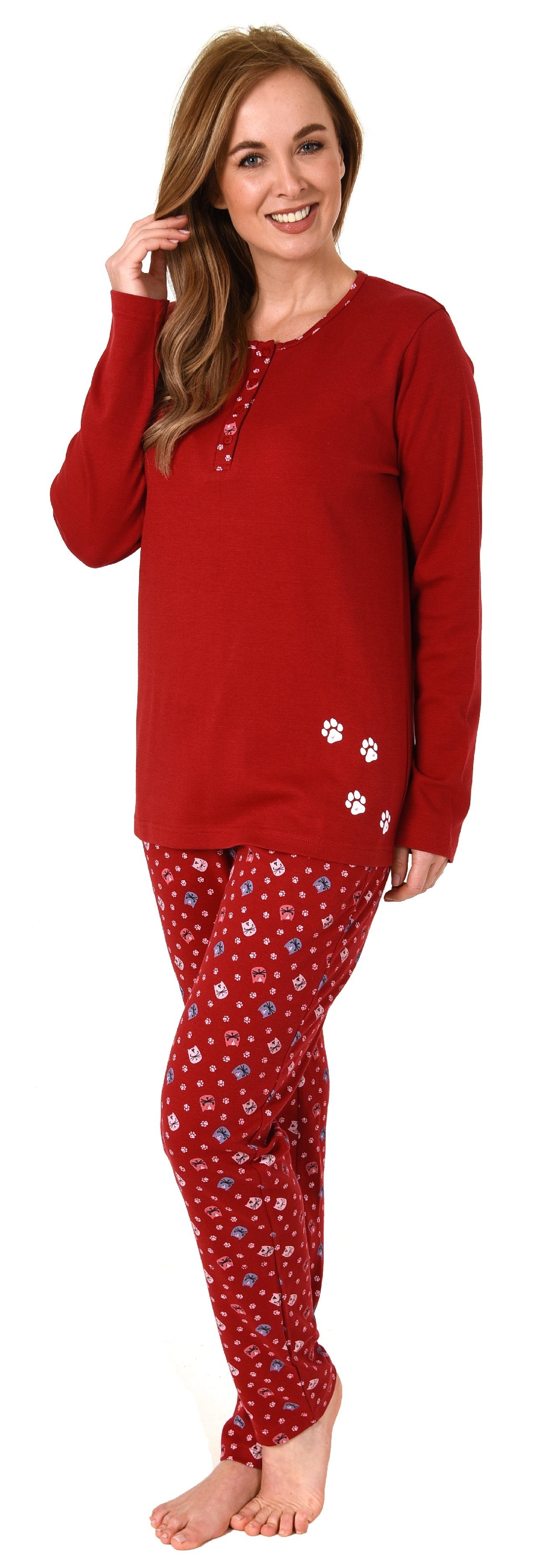 Normann Pyjama Damen Pyjama langarm Schlafanzug mit niedlichem Tier Motiv rot