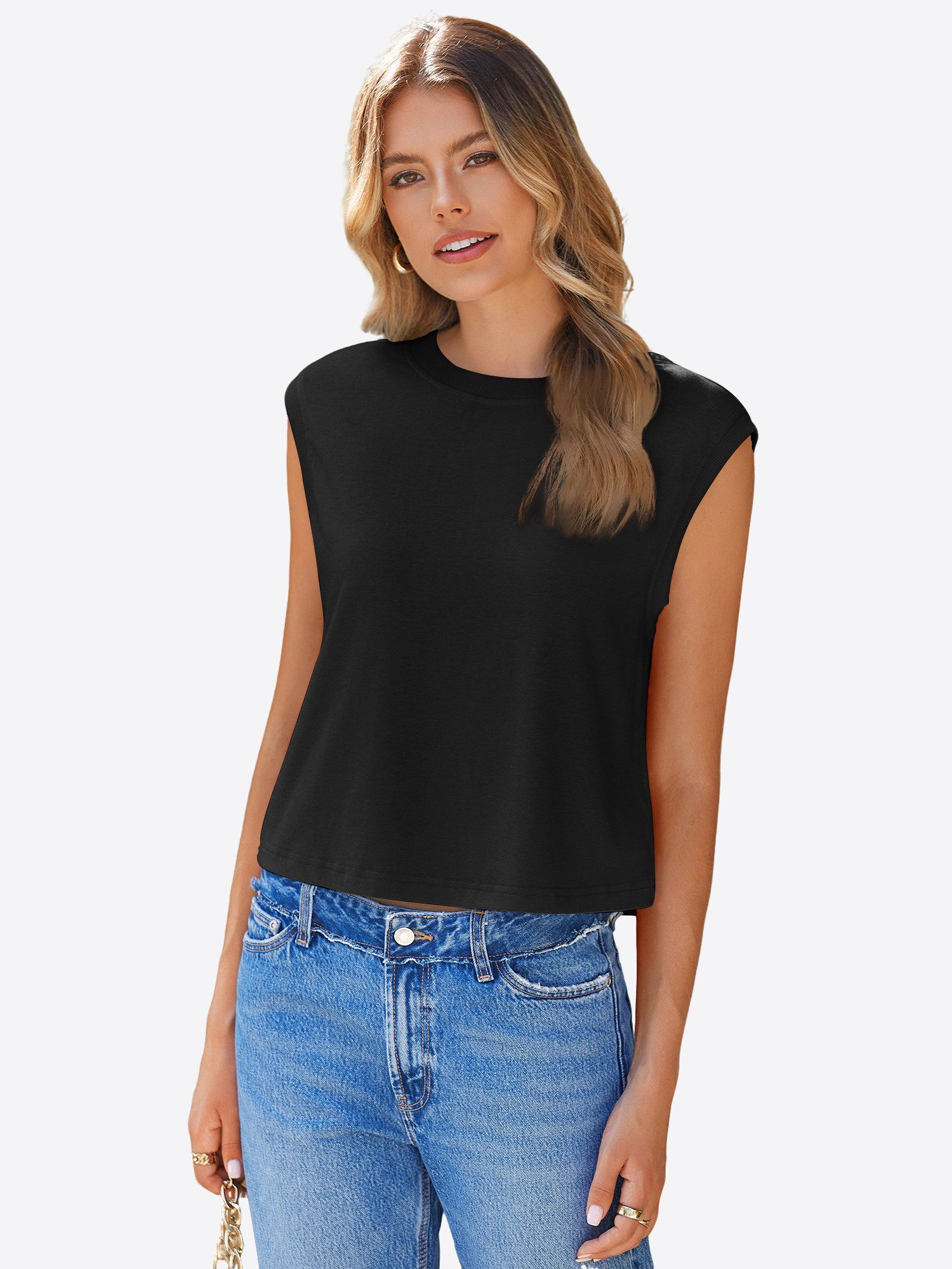 Imily Bela Tanktop Damen Cropped Rundhals Kurzarm Sommer Casual Locker Basic (Packung, 1-tlg., 1per-Pack) Cap Sleeve mit Rundhalsausschnitt in Unifarbe