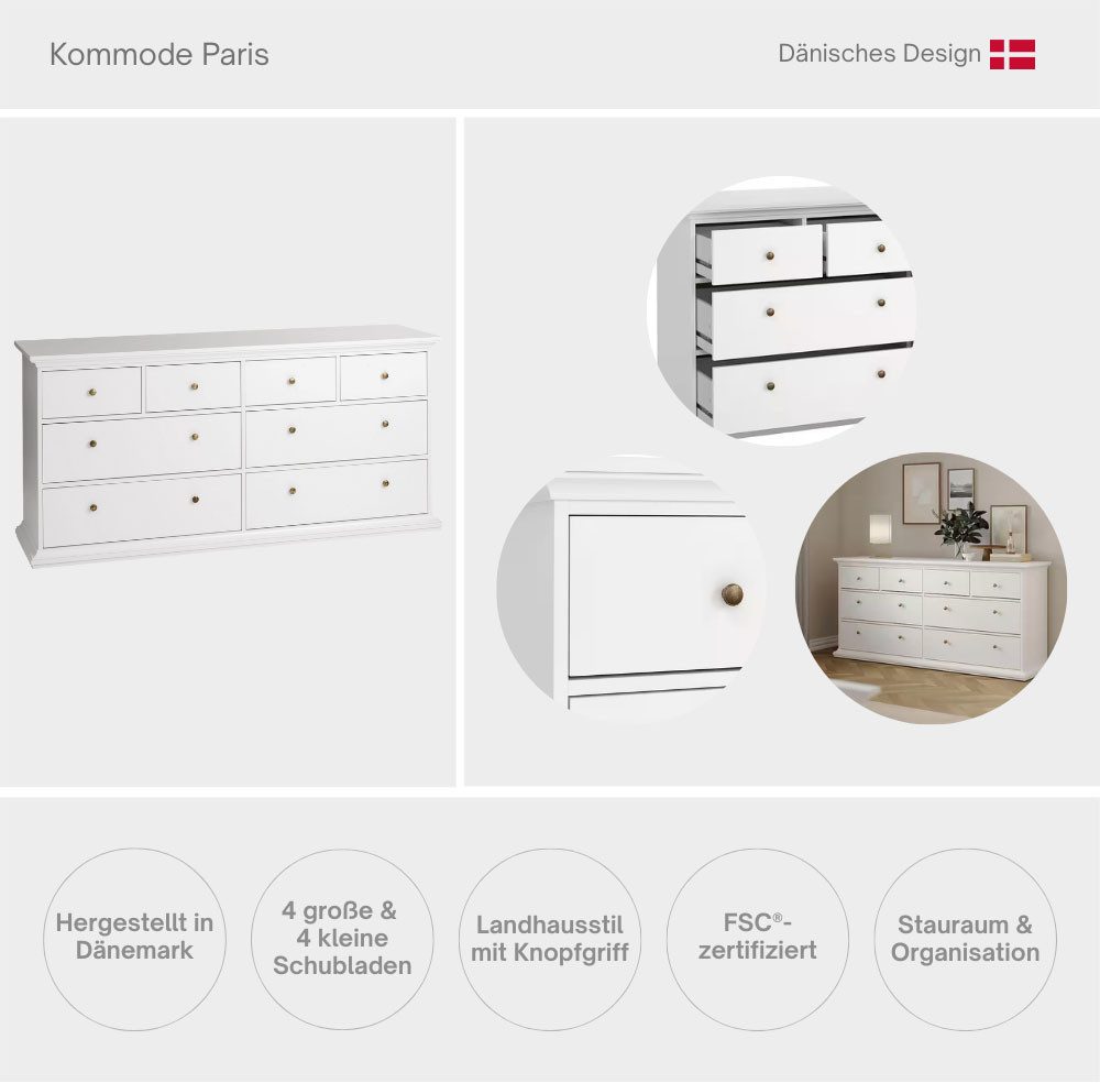 Home affaire Kommode Paris, Aufbewahrung, Schubladenschrank, Stauraum, mit 8 Schubladen, Landhausstil, Elegant, geräumig, Breite 184 cm, Höhe 87 cm