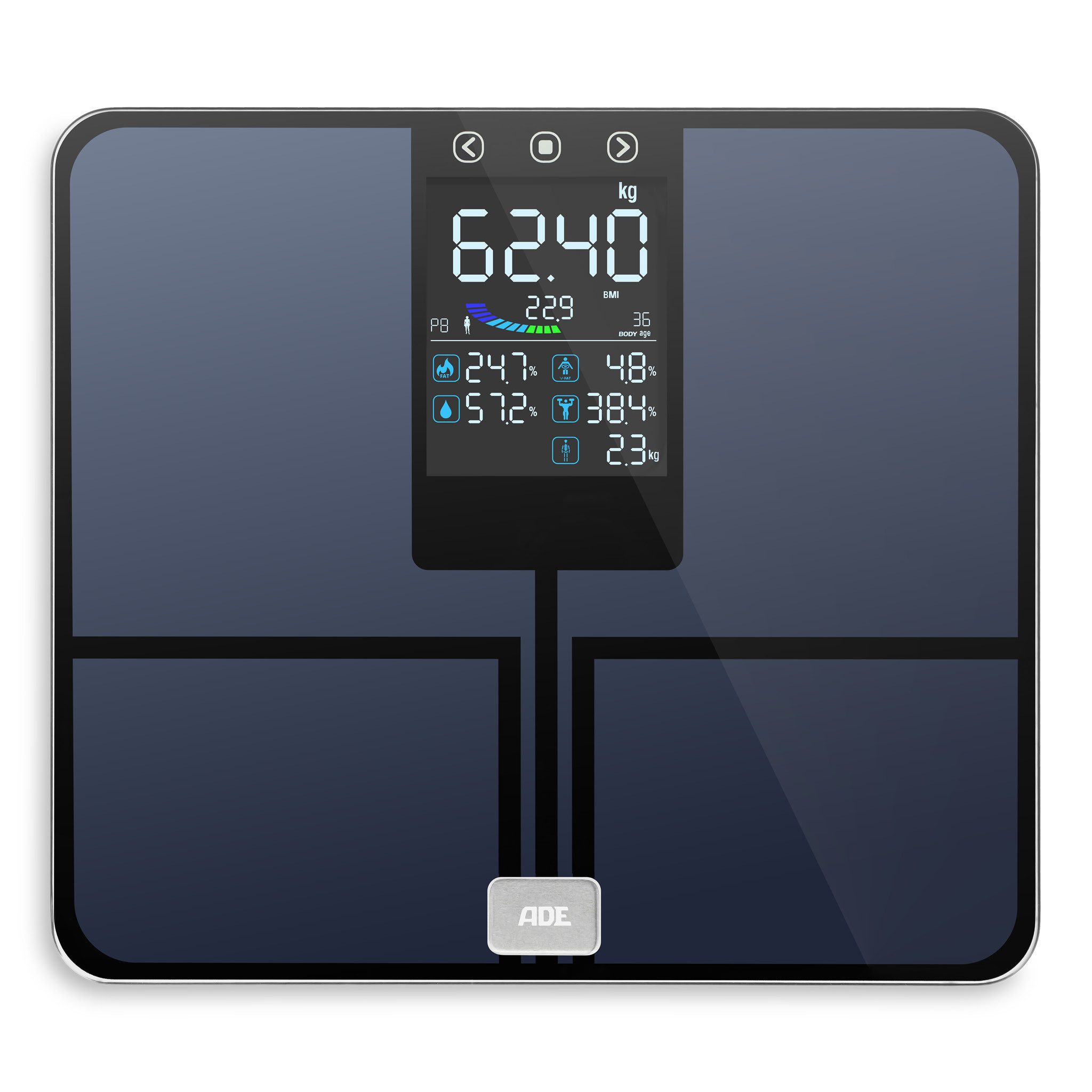 ADE Körper-Analyse-Waage mit großem "Auf-einen-Blick"-Farbdisplay, 8 Speicherplätze, Nutzererkennung, ohne App, bis 200 kg