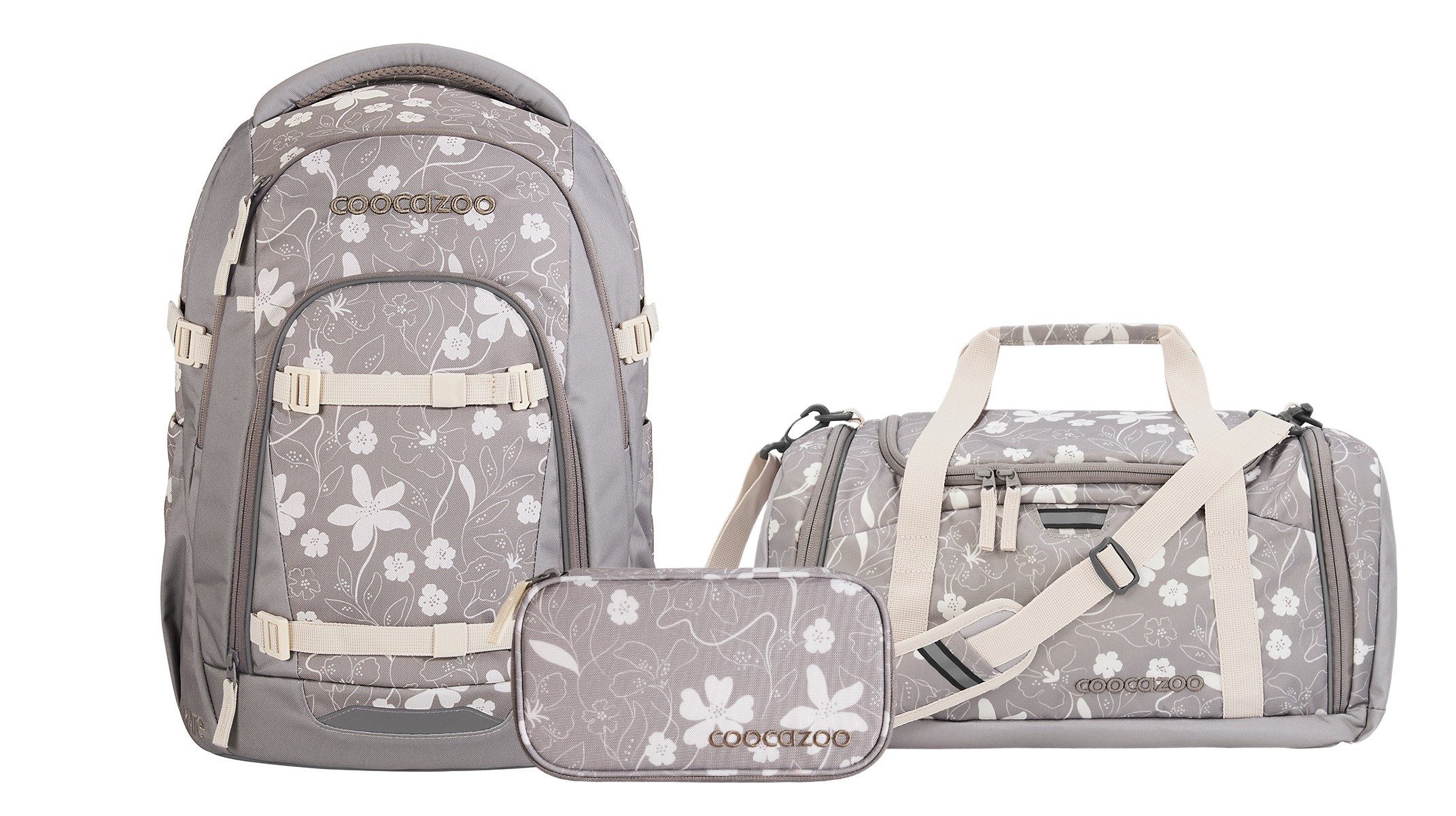 coocazoo Schulranzen Schulrucksack-Set MATE Vanilla Bloom 3-teilig (3-teilig), ergonomisch, Körpergröße: 135 - 180 cm, Easy-Grow-System