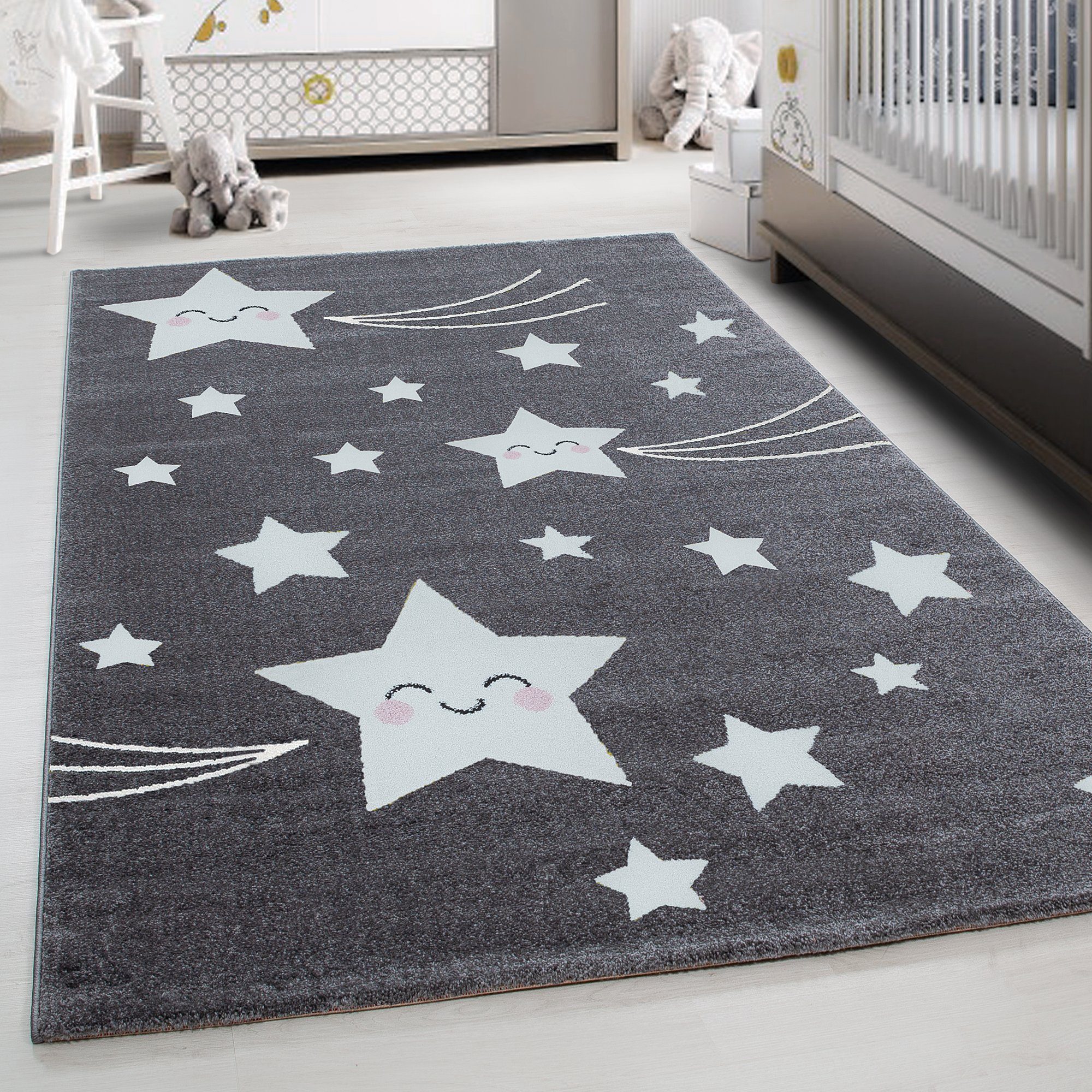Teppich Sterne-Design, Teppium, Rechteckig, Höhe: 11 mm, Kinderteppich Stern-Design Grau Baby Teppich Kinderzimmer Pflegeleicht