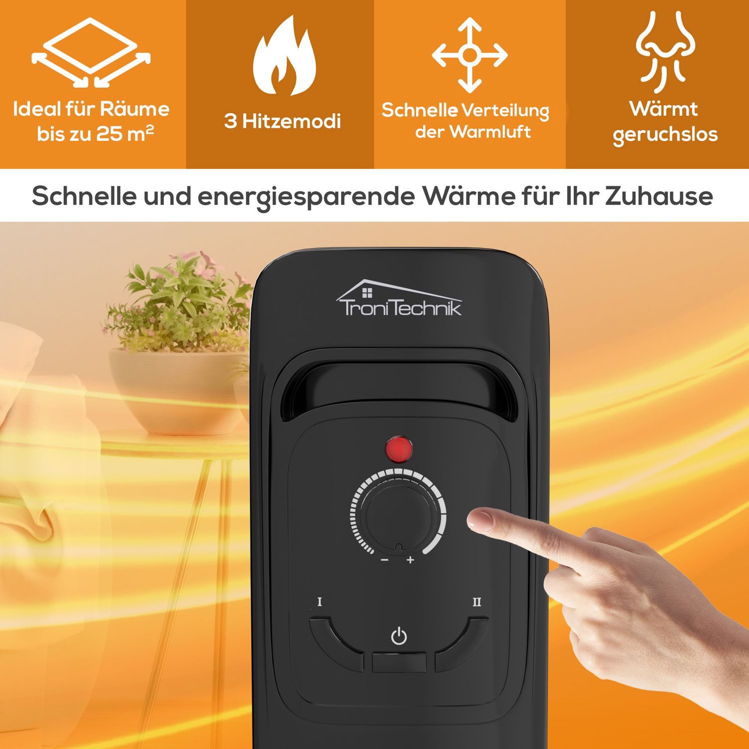 TroniTechnik Heizgerät Ölradiator in schwarz, mobile Elektroheizung 11 Rippen, 2500Watt, 2500 W, energiesparend, Elektroheizung, 2500 Watt, 3 Stufen