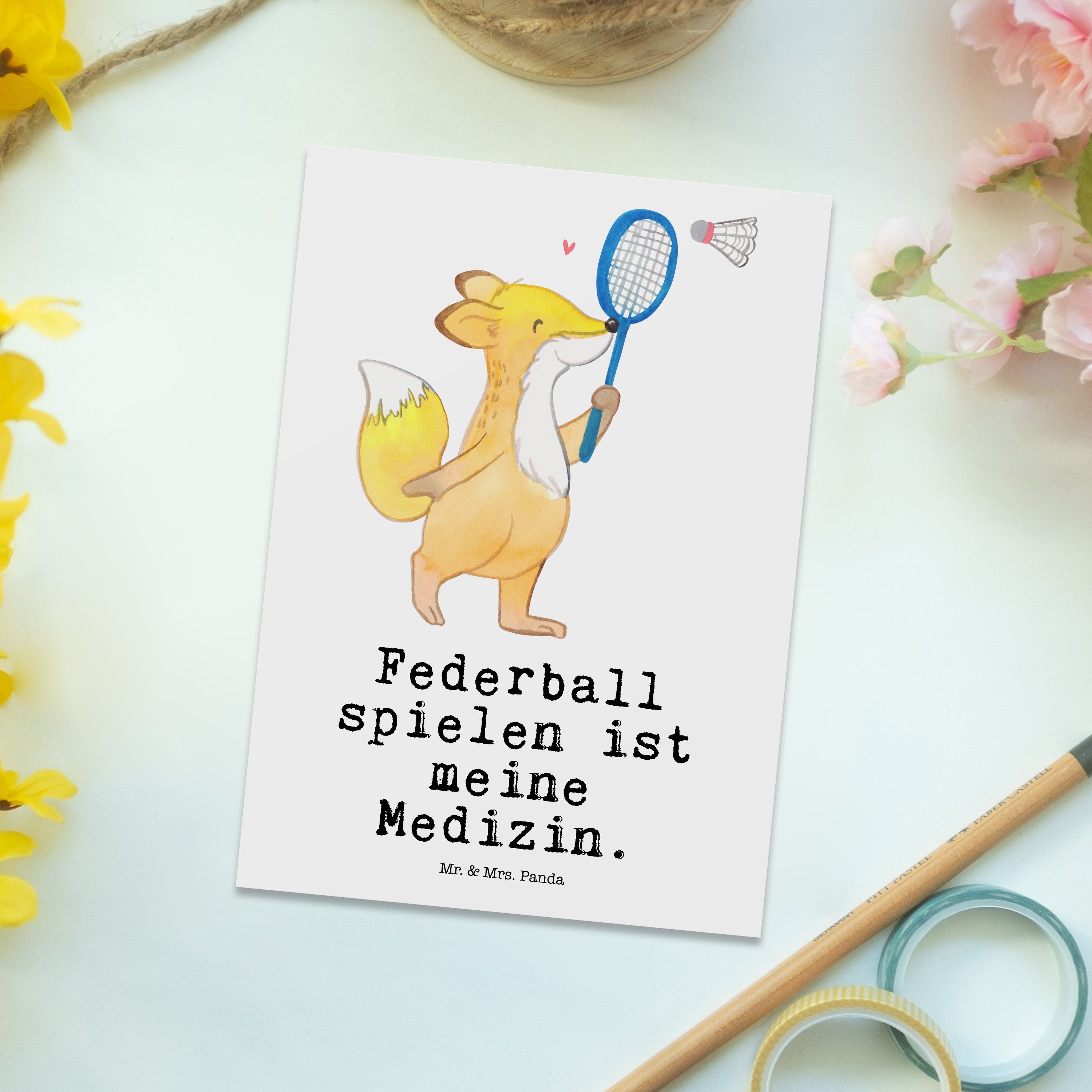 Postkarte Mr. Geschenkkarte, Fuchs spielen & Panda Medizin Mrs. Ein Weiß - - Geschenk, Federball