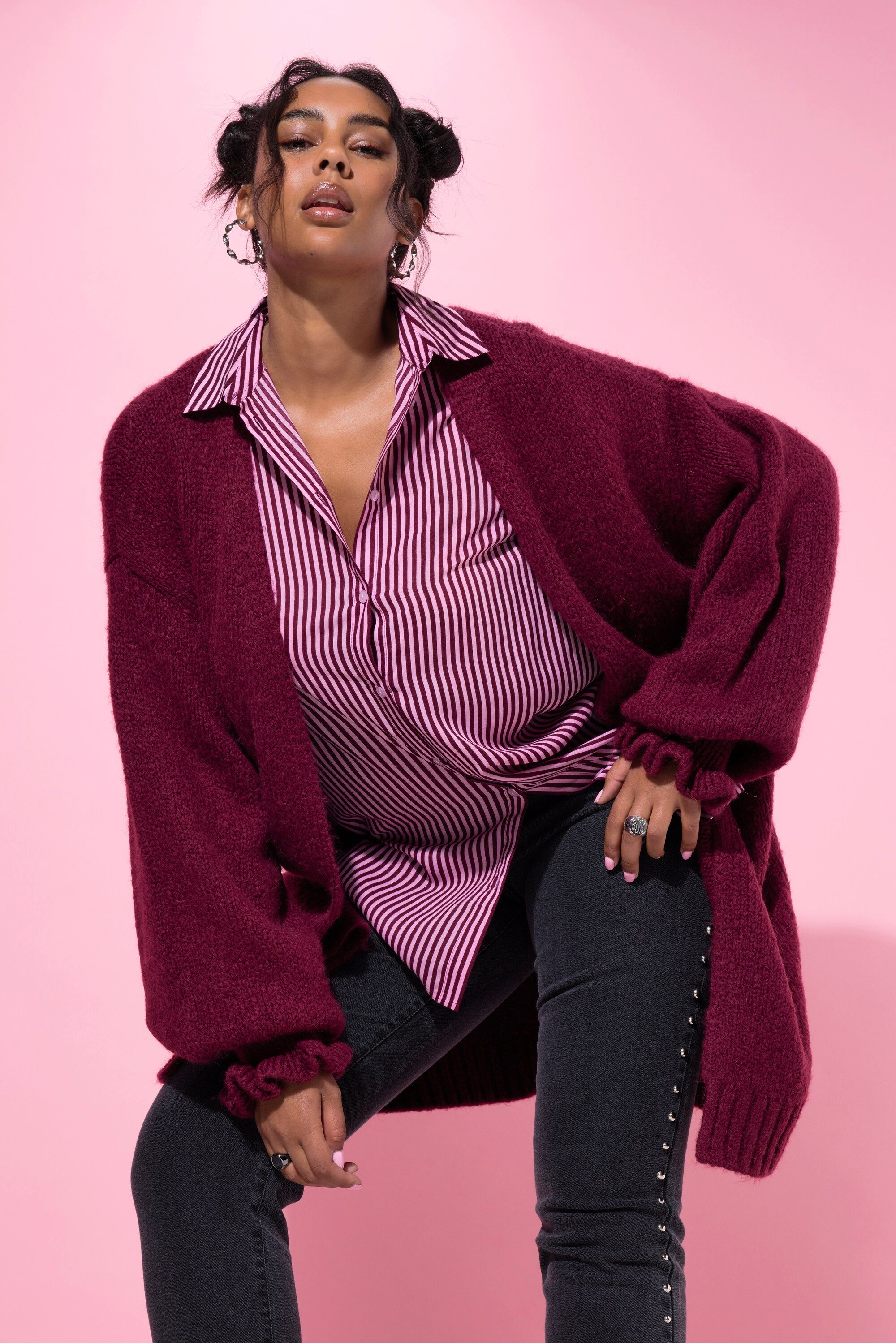 Studio Untold Strickjacke Long-Strickjacke oversized Ärmel-Raffung