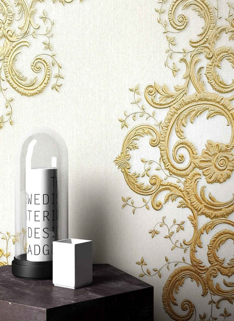 Newroom Vliestapete, Gold Tapete Barock Ornament - Barocktapete Creme Beige Glamour Modern Prunk für Wohnzimmer Schlafzimmer Küche