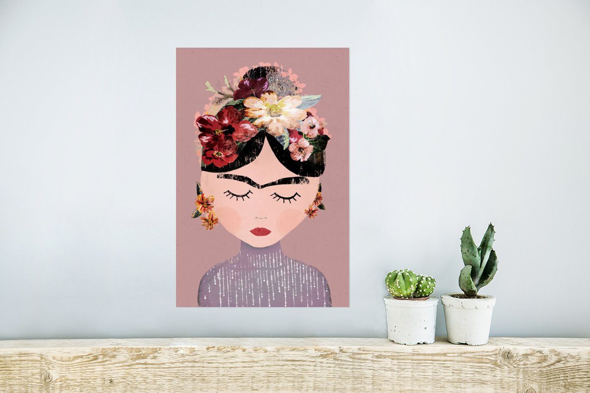 - Kunst St), - Frau Blumen Frida - Wandposter für - Poster, Poster Rahmen Kahlo, Ohne Wohnzimmer, Pastell Wandbild, (1 MuchoWow