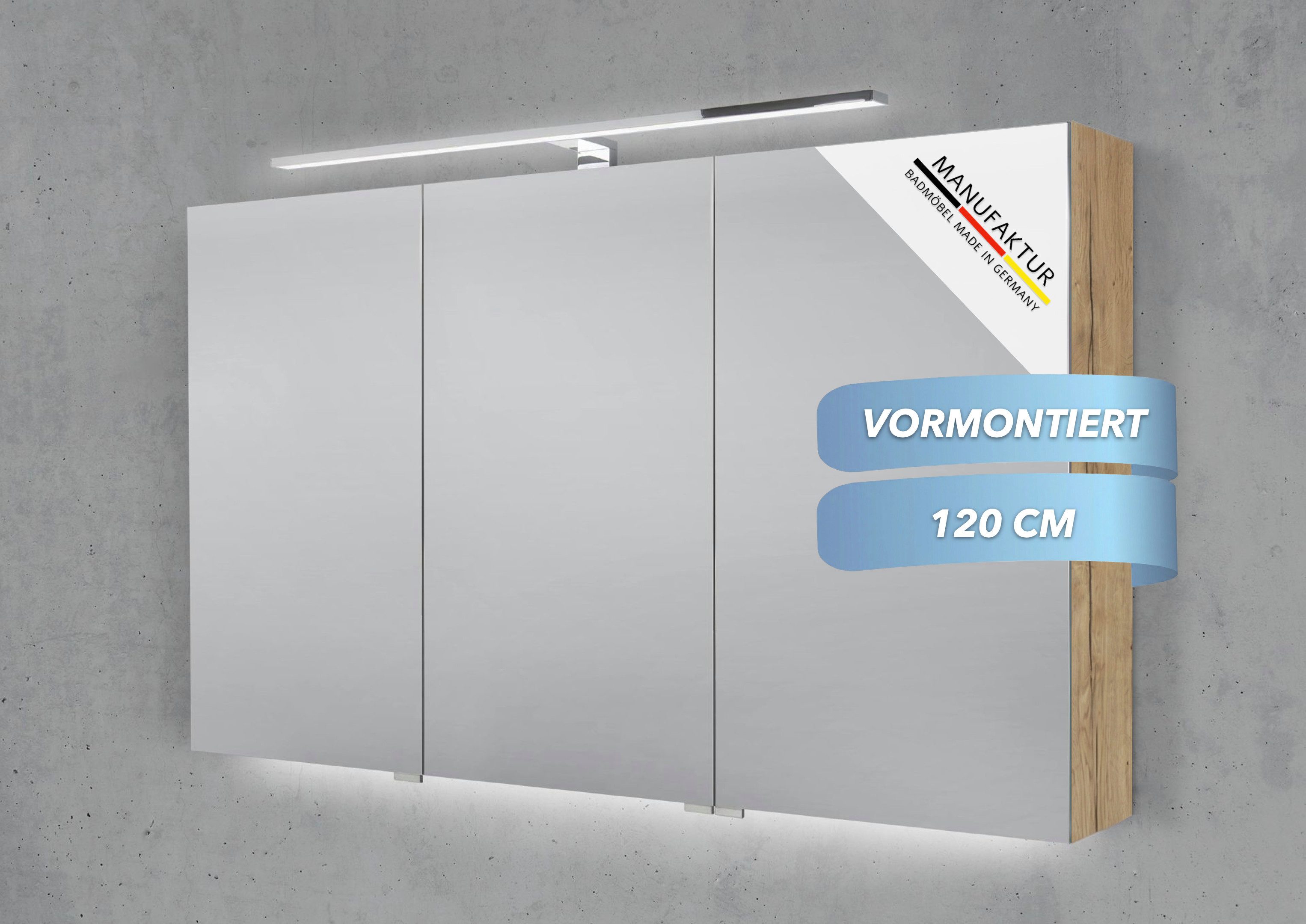 Intarbad Badezimmerspiegelschrank 3-türiger Spiegelschrank mit schmaler MULTI LED Aufsatzleuchte dimmbar (Doppelspiegeltüren, Holz-/ Lackdekore, Maße von 120 bis 140 cm wählbar, Höhe 70 cm, Glasfachböden, Magnetleiste & Kosmetikspiegel Ø 12 cm) Vormontierte Lieferung, Floatglas, 160 kg Traglast, Made in Germany