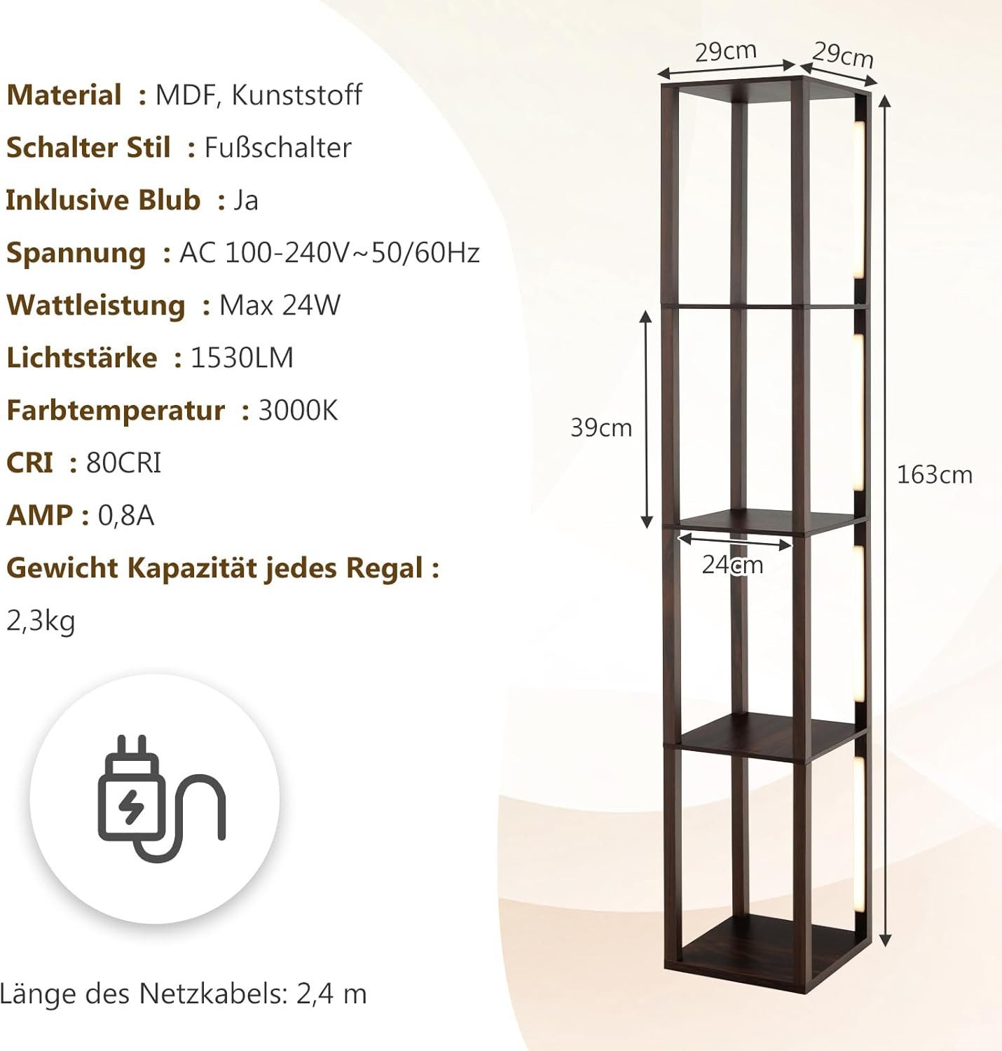 COSTWAY LED Stehlampe, Warmweiß, mit 3-stufig dimmbarer LED & Fußschalter