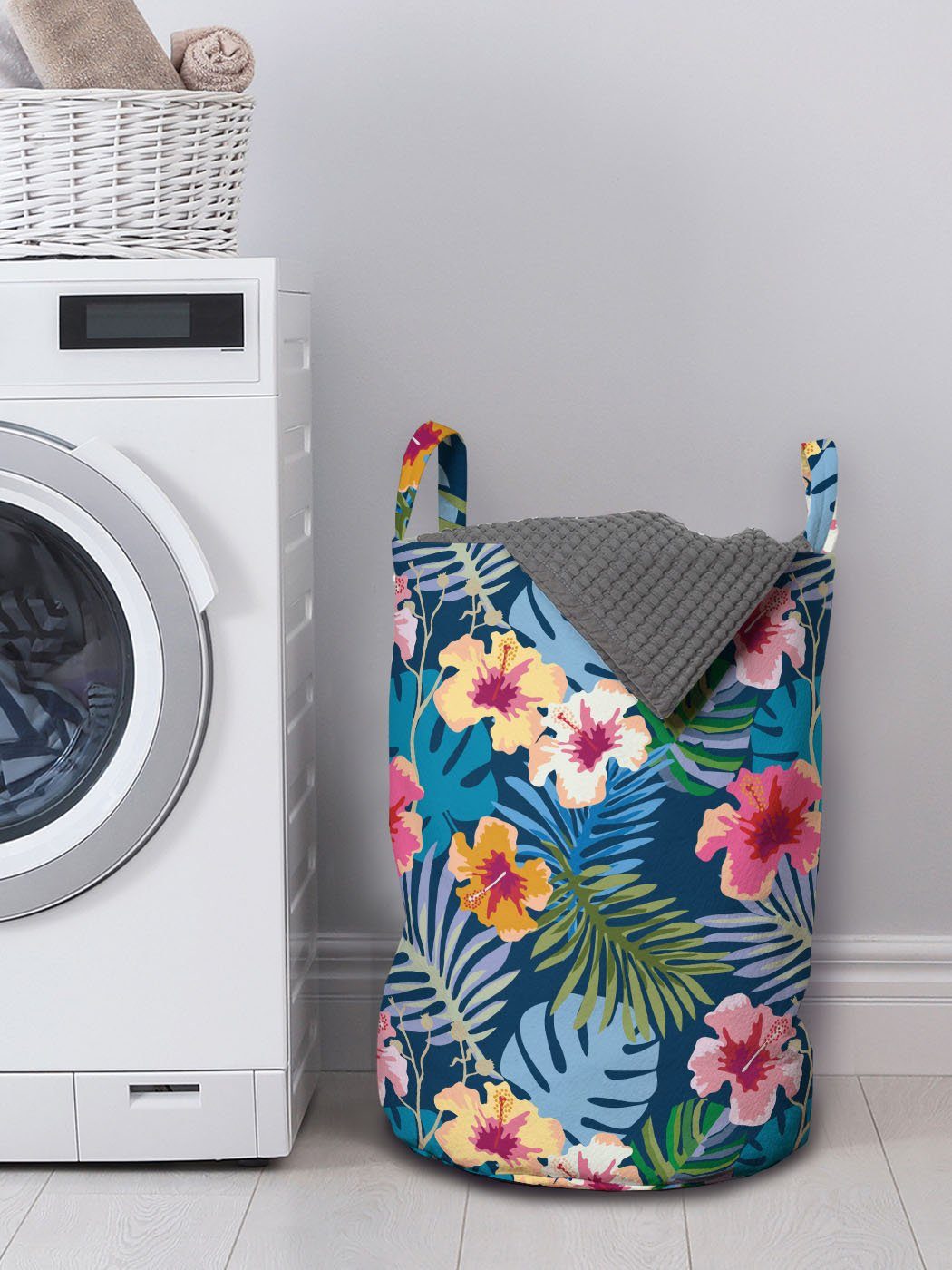 Wäschekorb Waschsalons, für Bunte Kordelzugverschluss Tropisch Blumenblütenblätter Griffen Abakuhaus Wäschesäckchen mit
