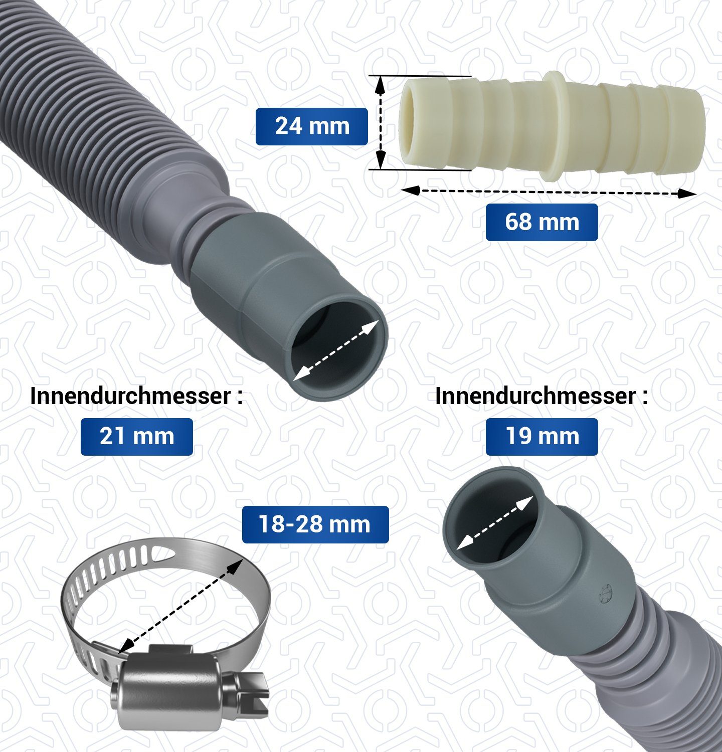 VIOKS Ablaufschlauch mit Verbinder Gummi Endstück und 2 Schellen SET