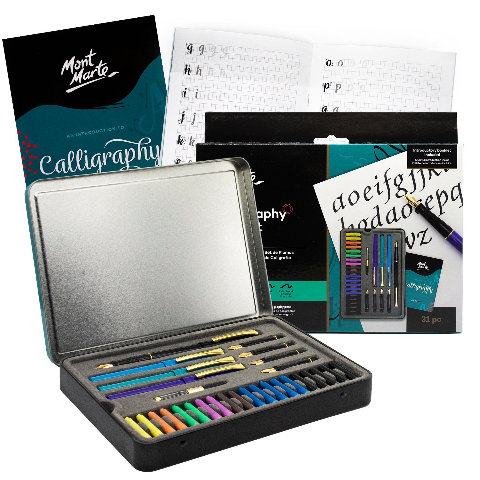 Mont Marte Kalligraphie-Stift "SIGNATURE" Kalligrafie Set, 32 x hochwertige Schreibutensilien & Mehr, (Set, 32-tlg., MONT MARTE "SIGNATURE" - Schreibbedarf), Praktische Verpackung aus Metall