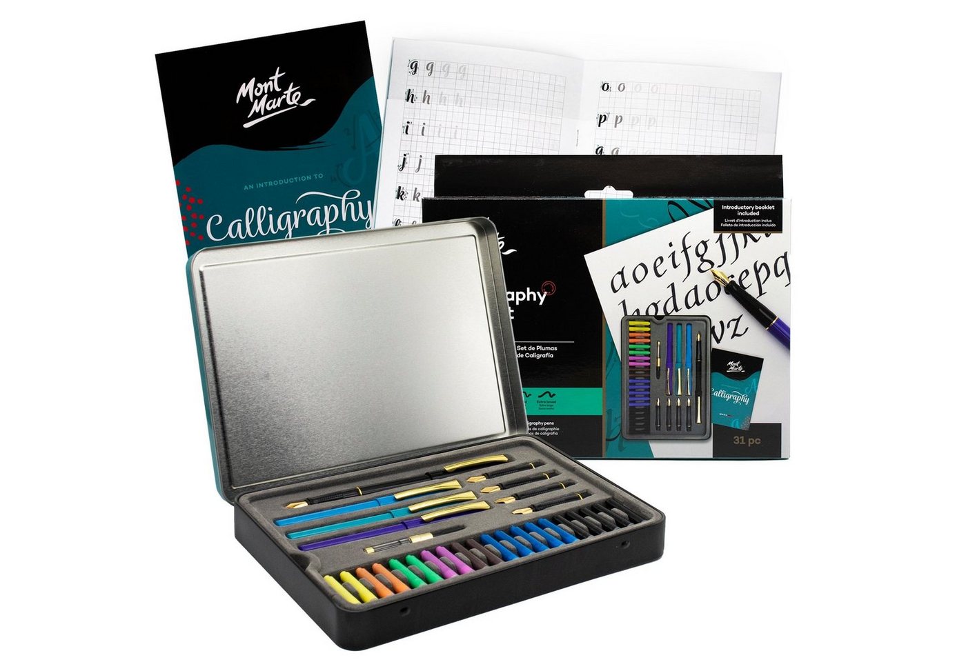 Mont Marte Kalligraphie-Stift "SIGNATURE" Kalligrafie Set, 31 x hochwertige Schreibutensilien & Mehr, (Set, 31-tlg., MONT MARTE "SIGNATURE" - Schreibbedarf), Praktische Verpackung aus Metall